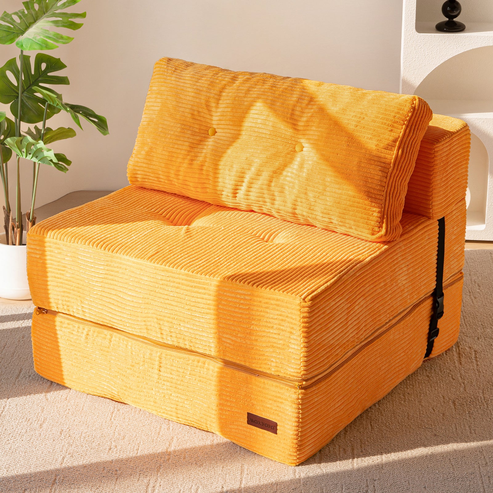 MAXYOYO Convertible Folding Sofa Bed with High Density Support Foam - Comfortable Sleeper Sofa for Small Spaces, Guest Room & Apartment Living - Orange Modern Futon for Living Room, Bedroom & Office