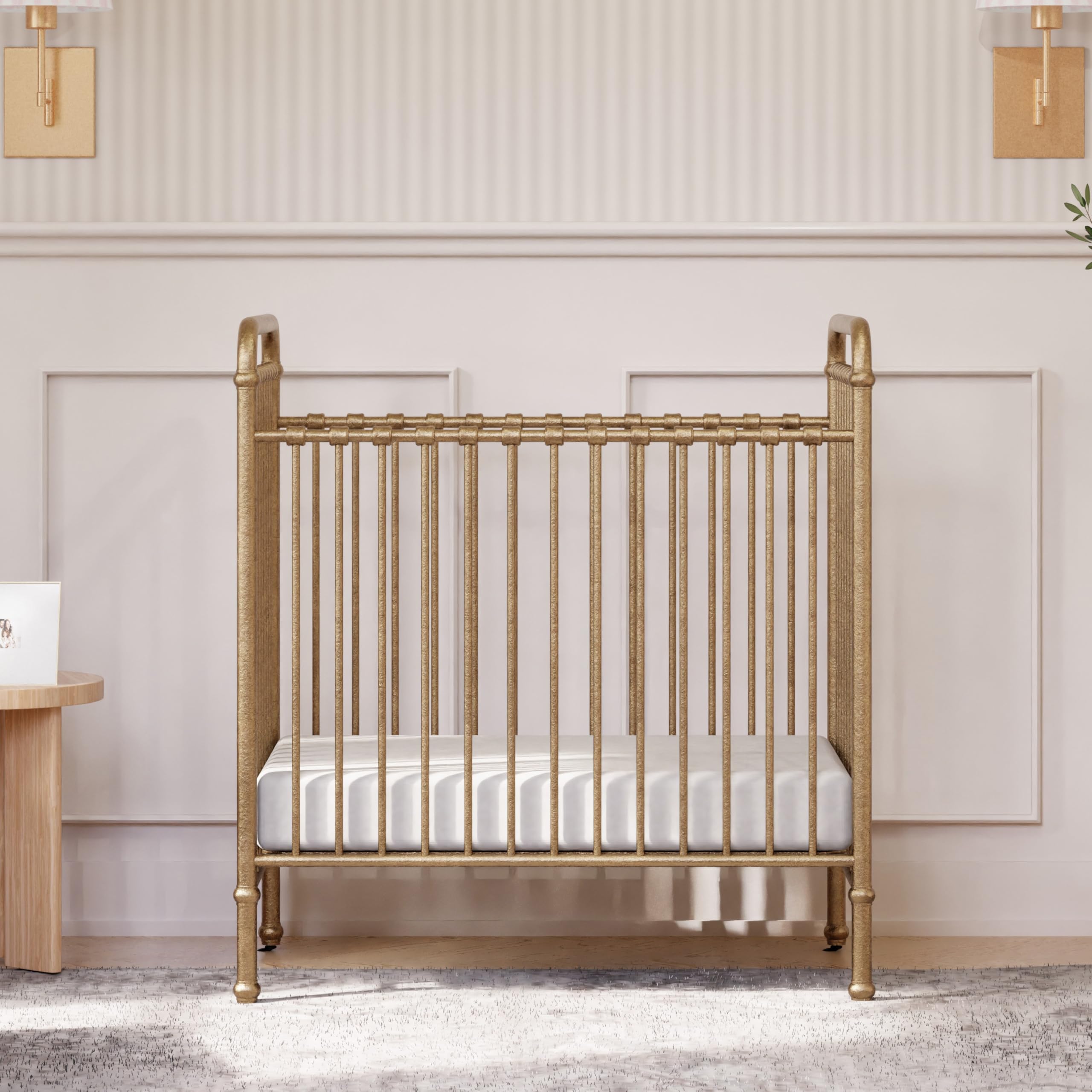 NAMESAKE Abigail 3-in-1 Convertible Mini Metal Crib in Vintage Gold - Greenguard Gold Certified Safe Nursery Furniture for Small Spaces | Perfect for Apartments, Nursery Rooms & Guest Bedrooms