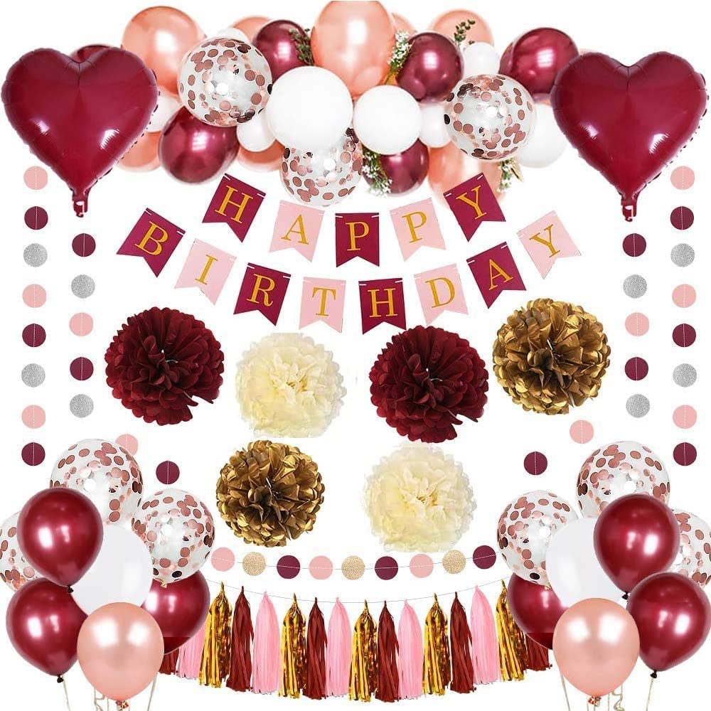 Elegant Pink & White Birthday Party Decorations Set - Happy Birthday Banner, Balloons for Women's 30th 40th Bachelorette Party, Wedding & Special Celebrations (Burgundy) - Perfect for Indoor & Outdoor Festive Events