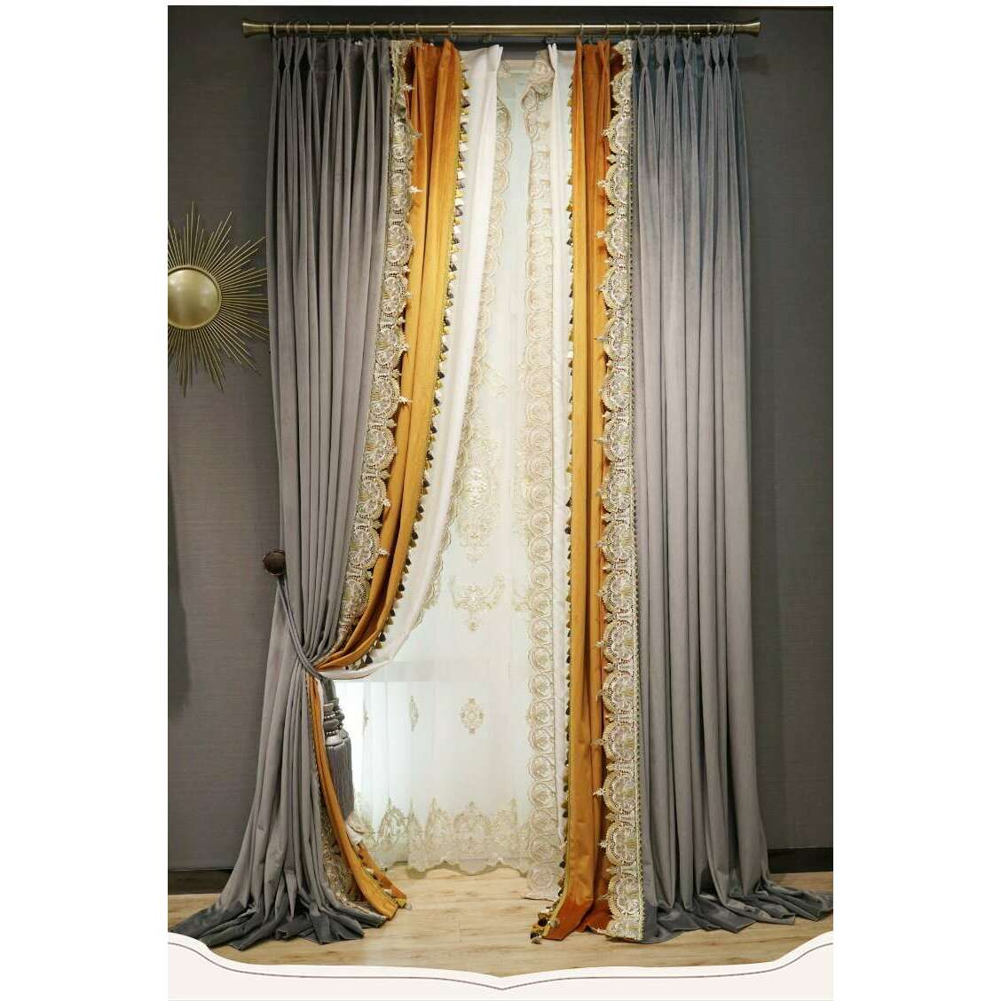 Brittany Luxury Royal Lace Designer Velvet Curtains - Gray & Orange Elegant Window Drapes for Living Room, Bedroom & Wedding Decor