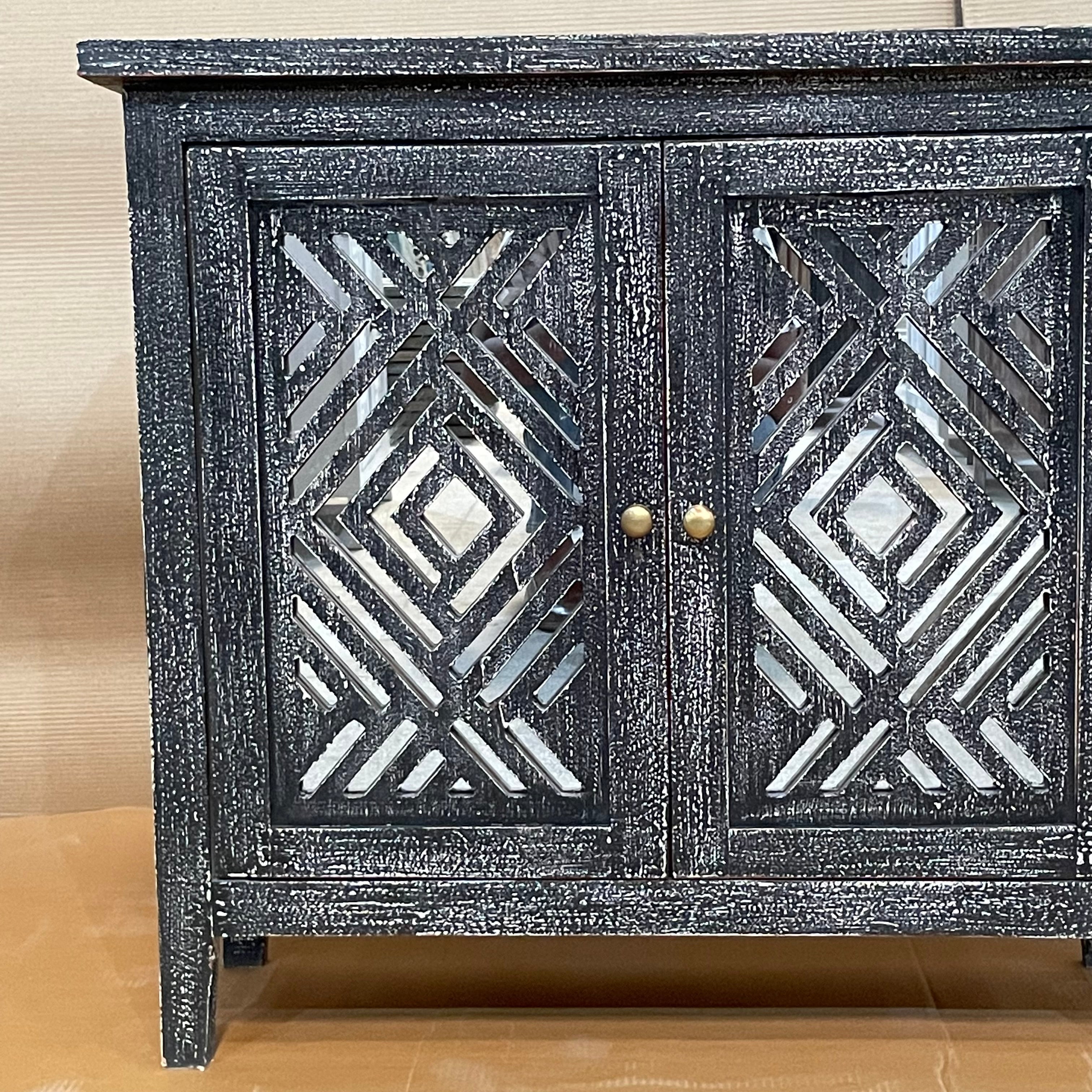 Handcrafted Indian Solid Hardwood Cabinet with 2 Mirror Doors - Black, 81x31x75cm - Elegant Storage for Bedroom, Living Room & Entryway