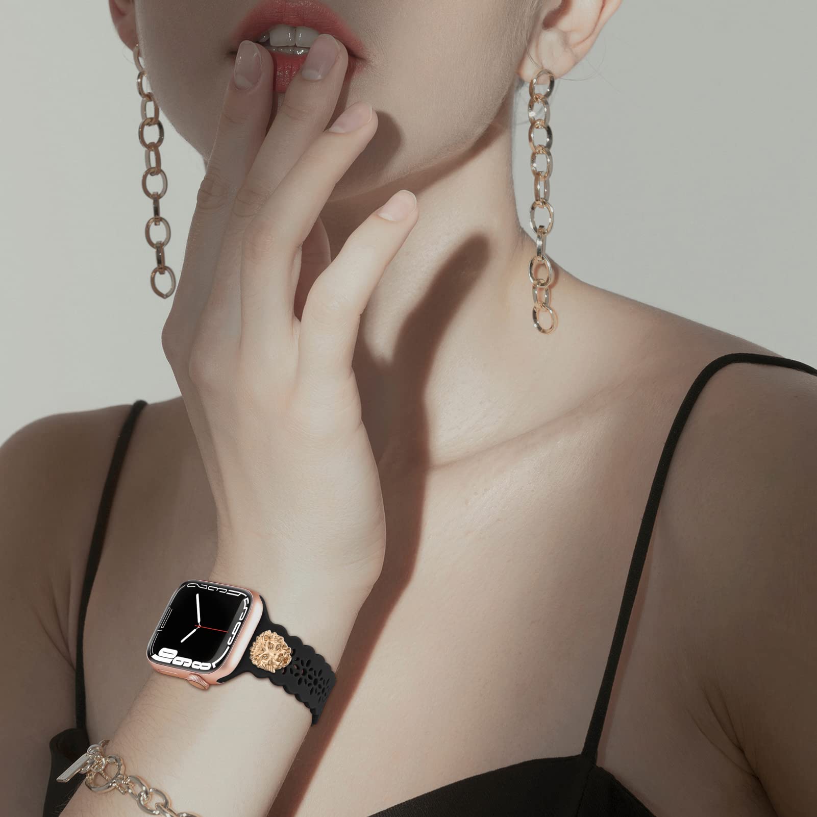 Elegant Lace Silicone Apple Watch Band with Charms - Compatible with 38mm 40mm 41mm 42mm 44mm 45mm iWatch Series 7/6/SE/5/4/3/2/1 - Stylish Slim Sport Band for Women - Perfect for Workouts, Office Wear & Everyday Fashion Accessories
