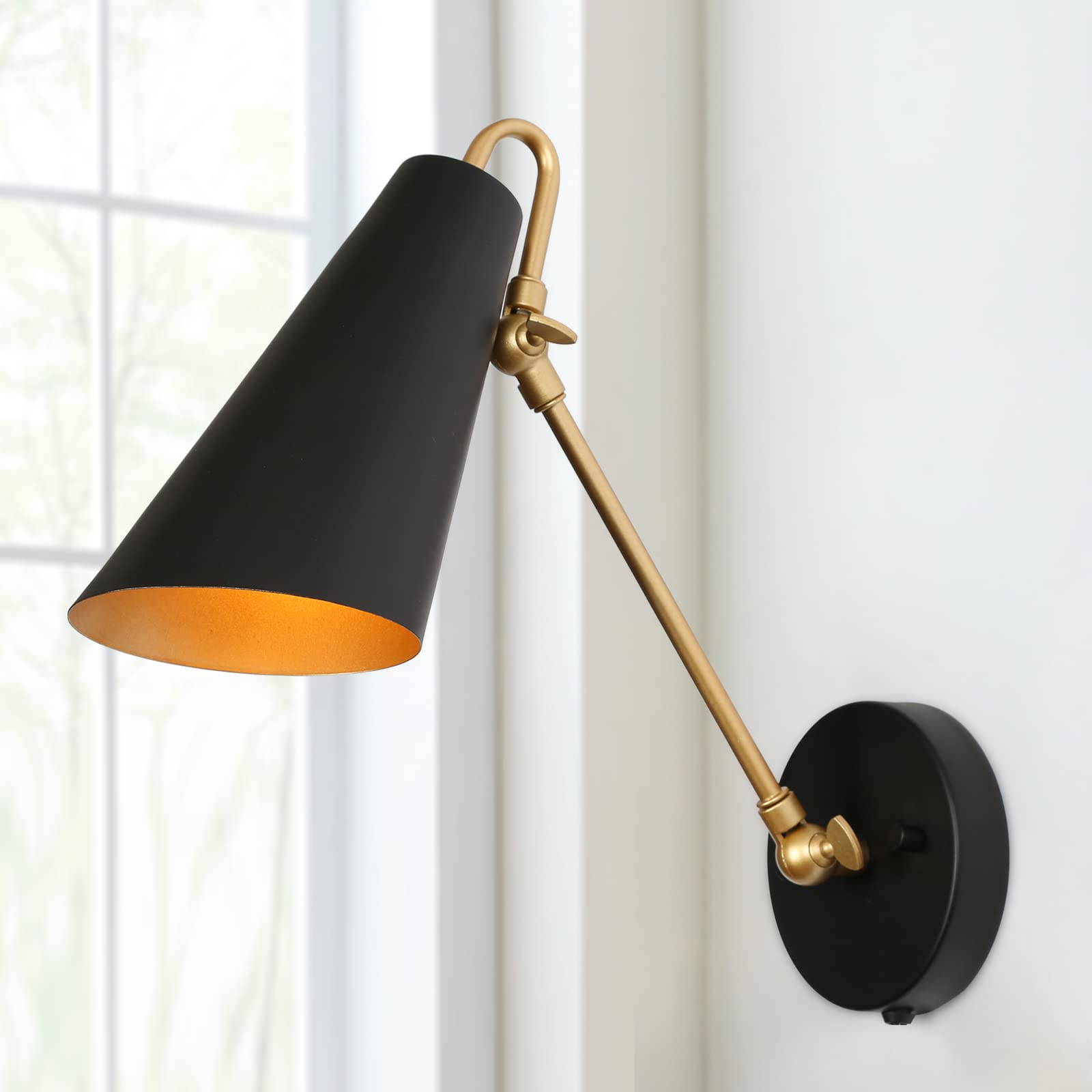 ZEVNI Modern Swing Arm Wall Lamp - Plug-in Wall Sconce with Adjustable Slant-Cut Metal Shade, Black Gold Finish | Perfect for Bedroom, Living Room & Office Lighting