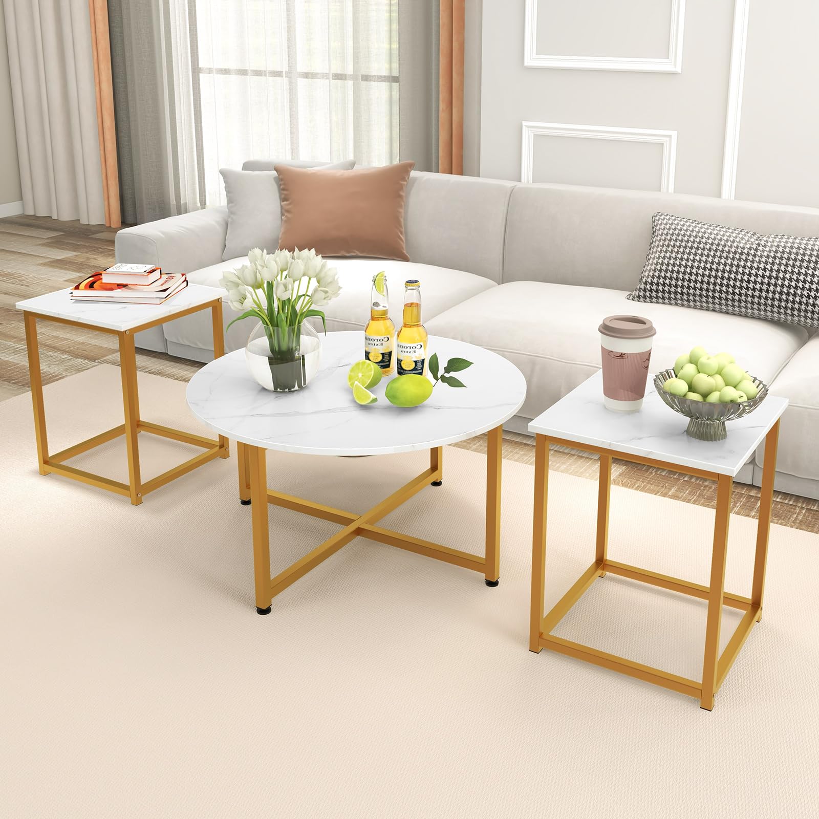 COSTWAY 3-Piece Coffee Table Set - Round Faux Marble Coffee Table & 2 Square End Tables with Sturdy Metal Frame, Modern Living Room Furniture for Small Spaces & Apartments (White & Gold) | Perfect for Compact Living Rooms, Studio Apartments & Cozy Home Decor