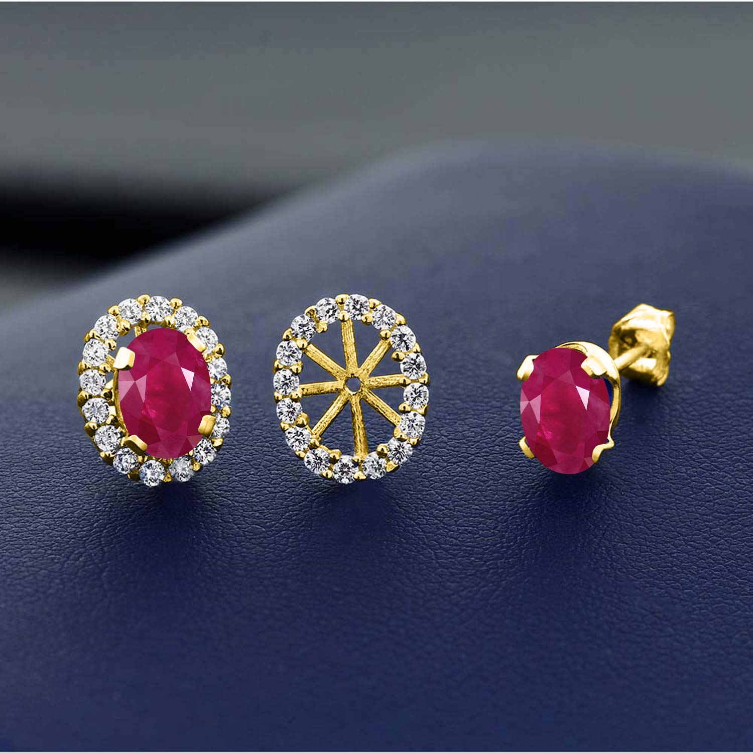 18K Yellow Gold Plated Silver Oval Red Ruby Stud Earrings for Women | Gem Stone King | Removable Jacket Design | Perfect for Weddings, Parties & Special Occasions