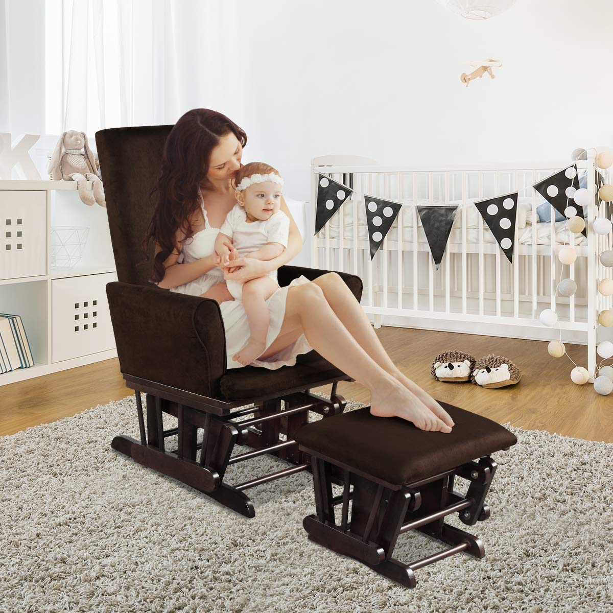 Costzon Baby Glider and Ottoman Set - Wooden Nursery Rocking Chair with Cushions for Nursing, Napping & Reading - Upholstered Hoop Glider with Padded Armrests & Matching Ottoman (Brown) - Perfect for Nursery Rooms, Bedrooms & Breastfeeding Spaces