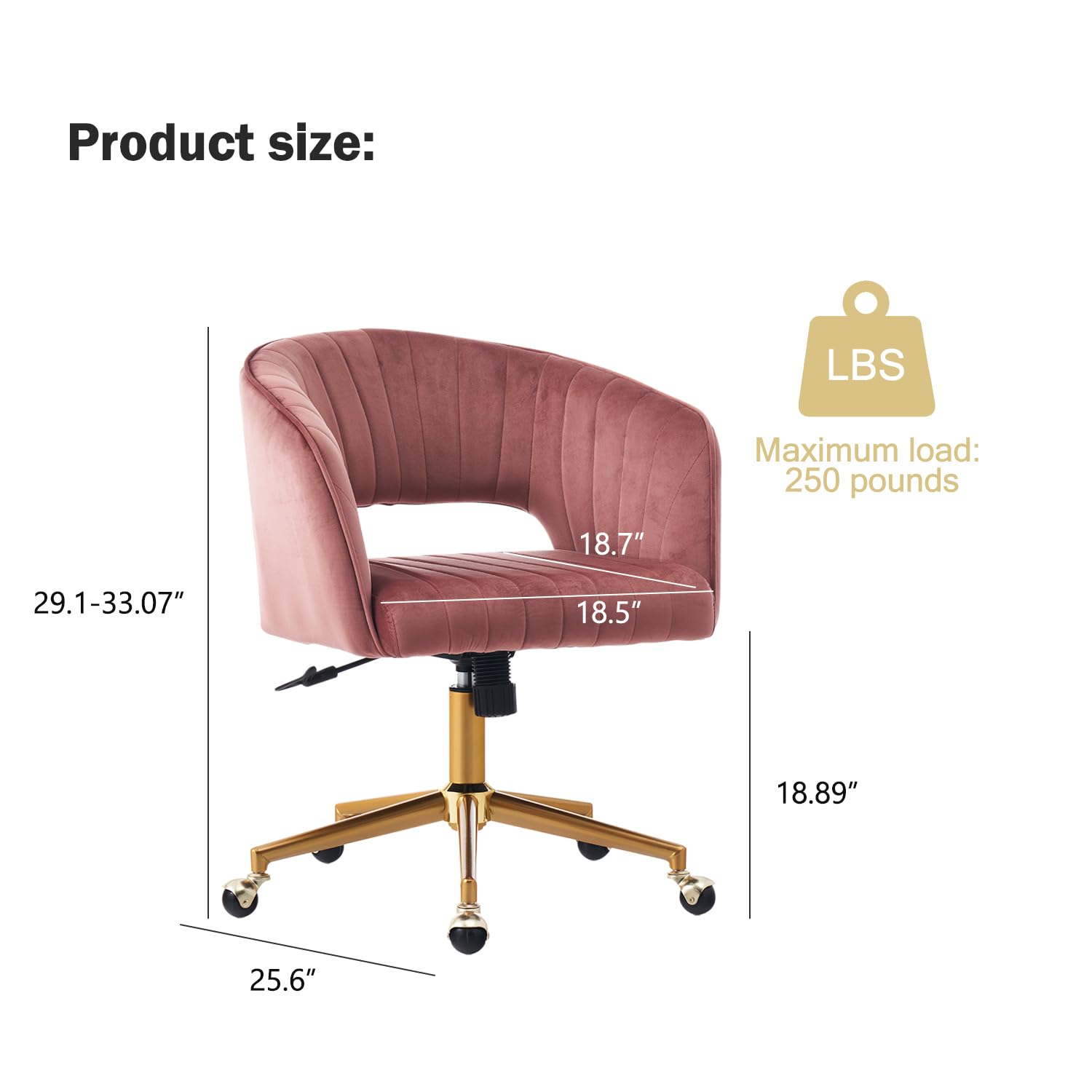 Velvet Swivel Office Chair with Adjustable Wheels - Ergonomic Upholstered Desk Chair for Home Office, Living Room, Bedroom & Study - Comfortable Computer Chair for Work, Gaming & Vanity (Rose)