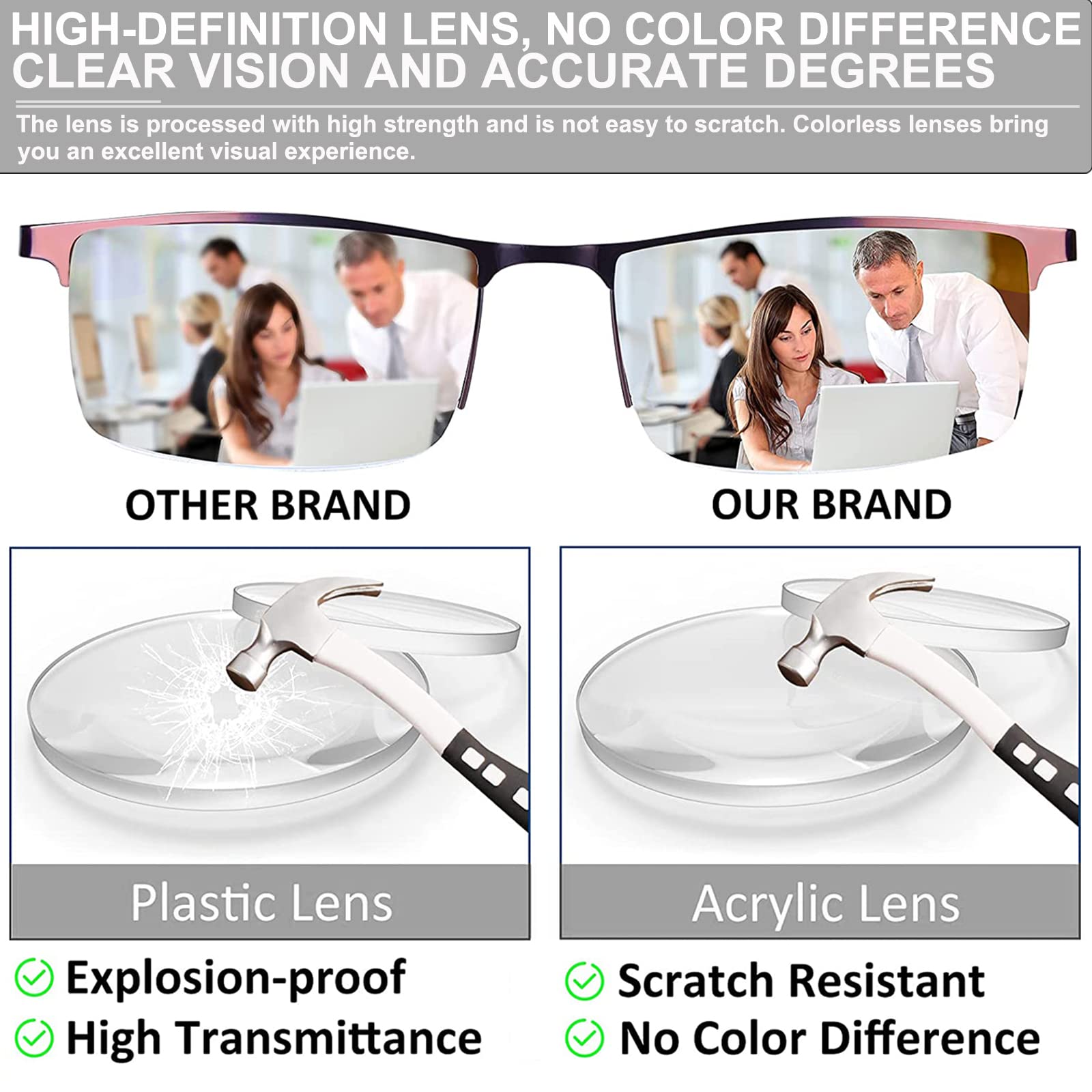 HUYAOPT 2-Pack Blue Light Blocking Reading Glasses for Men & Women - Anti Eyestrain Computer Glasses with Spring Hinge Metal Frame (1.25 Strength, Mixed Colors) - Perfect for Office Work, Gaming & Screen Time
