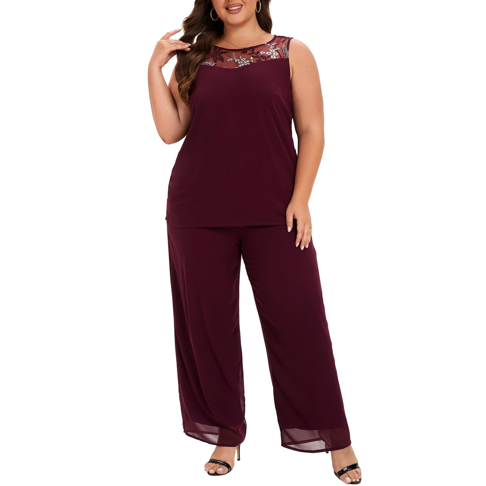 Plus Size Women's 3-Piece Chiffon Wedding Pant Suit - Elegant Mother of the Bride/Groom Outfit for Evening Parties & Formal Occasions
