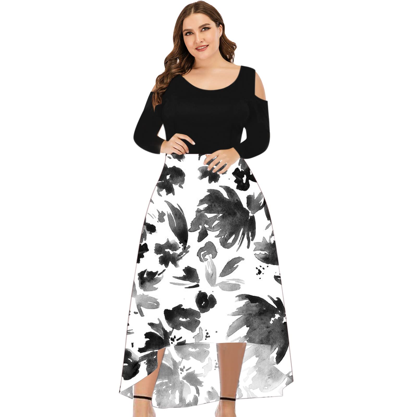 Maqroz Women's Plus Size Floral Print Maxi Dress - Long Sleeve Off Shoulder & Spaghetti Strap Asymmetrical Swing Dress for Casual Wear, Beach Vacation, and Special Occasions