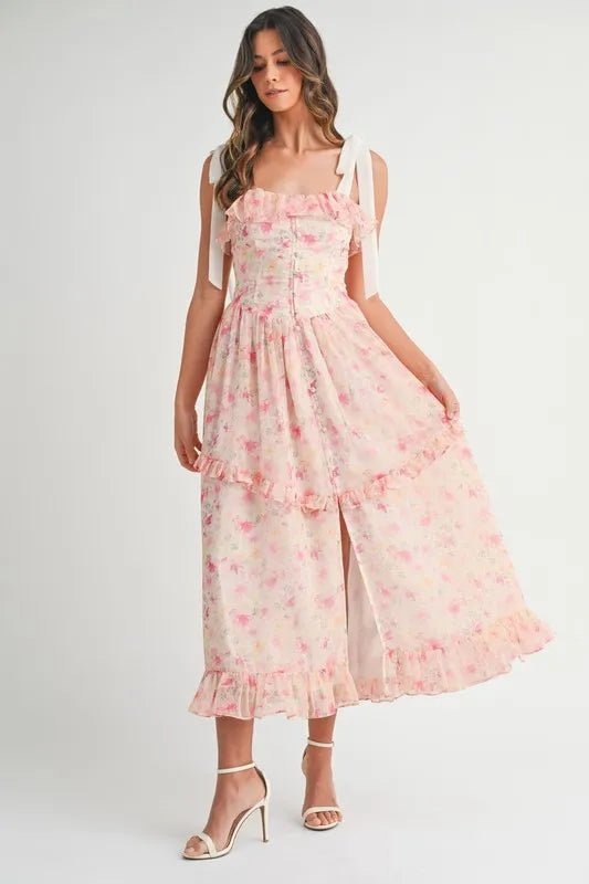Floral Blush Pink Shoulder Strap Midi Summer Dress - Women's Flowy Boho Dress for Beach, Vacation & Date Night