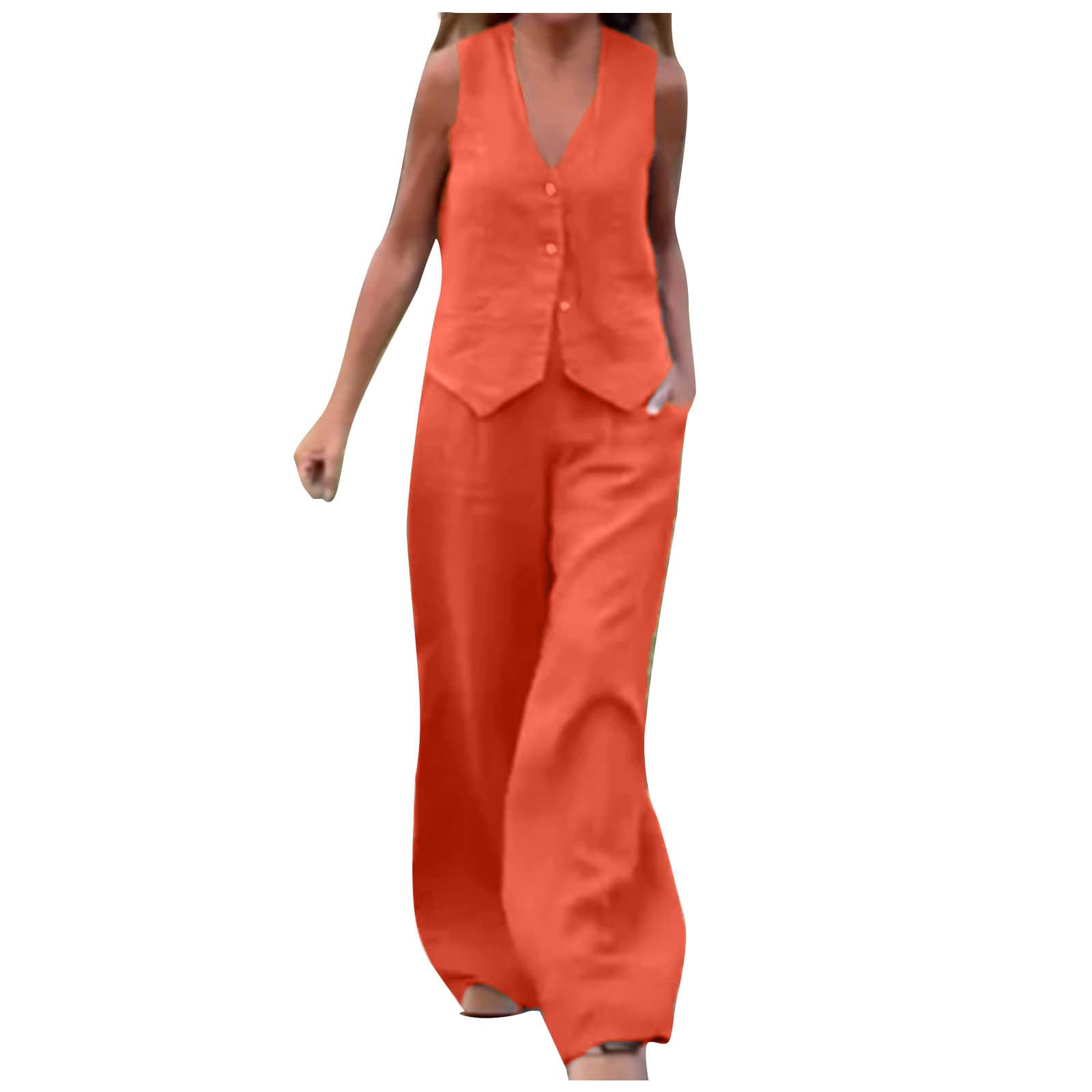 Plus Size Linen Summer Two Piece Sets for Women - Deep V Neck Button Down Tank Top & Wide Leg Lounge Pants | Casual Outfit, Beach Wear, Vacation Clothes, Relaxing at Home