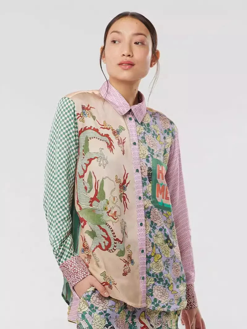 Vintage Graffiti Print Long Sleeve Blouse with Turn Down Collar - Women's Graphic Shirt & Cardigan for Casual Streetwear | Perfect for Urban Fashion, Music Festivals, and Everyday Stylish Outfits