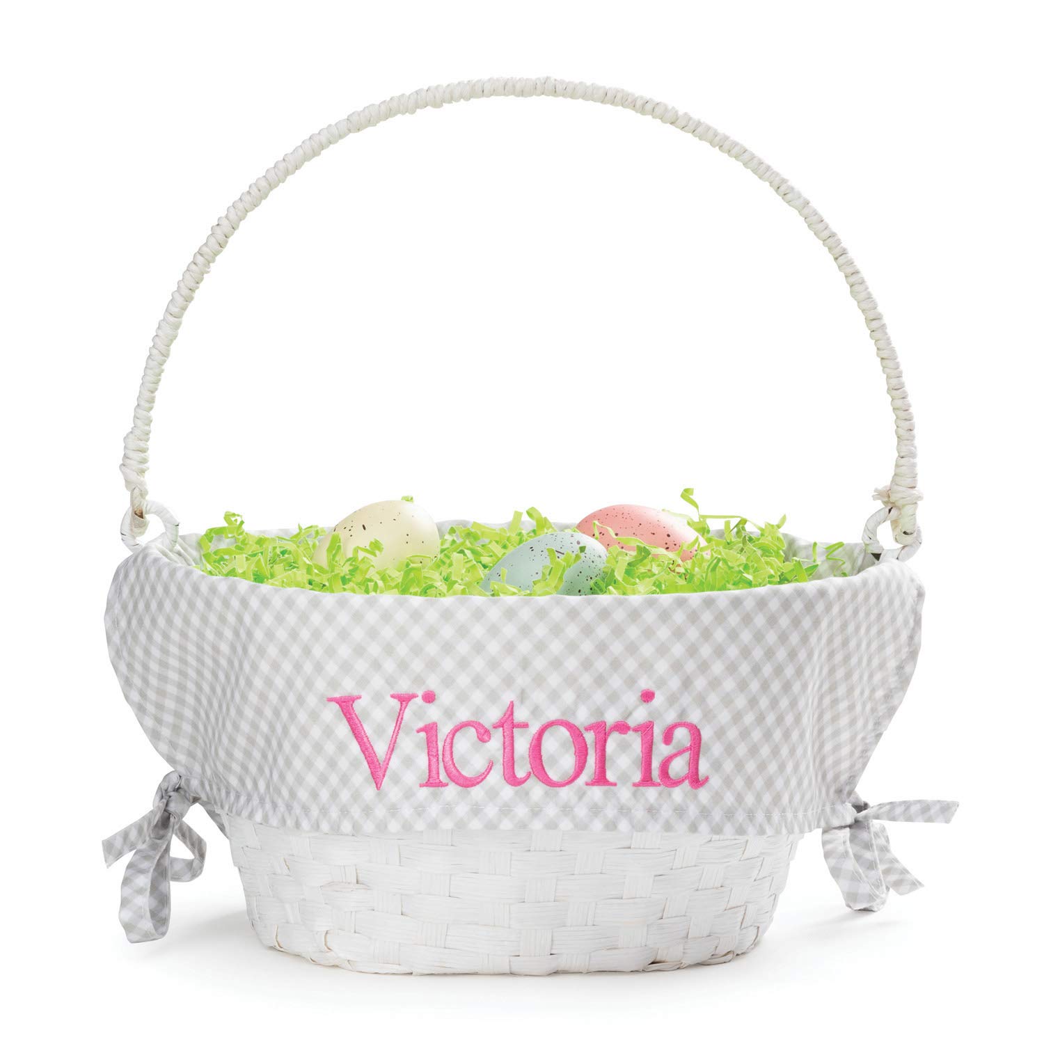 Personalized Easter Basket with Gray Gingham Liner & White Design - Custom Name Gift for Kids & Adults | Easter Egg Hunt, Spring Decor, Holiday Party Favors