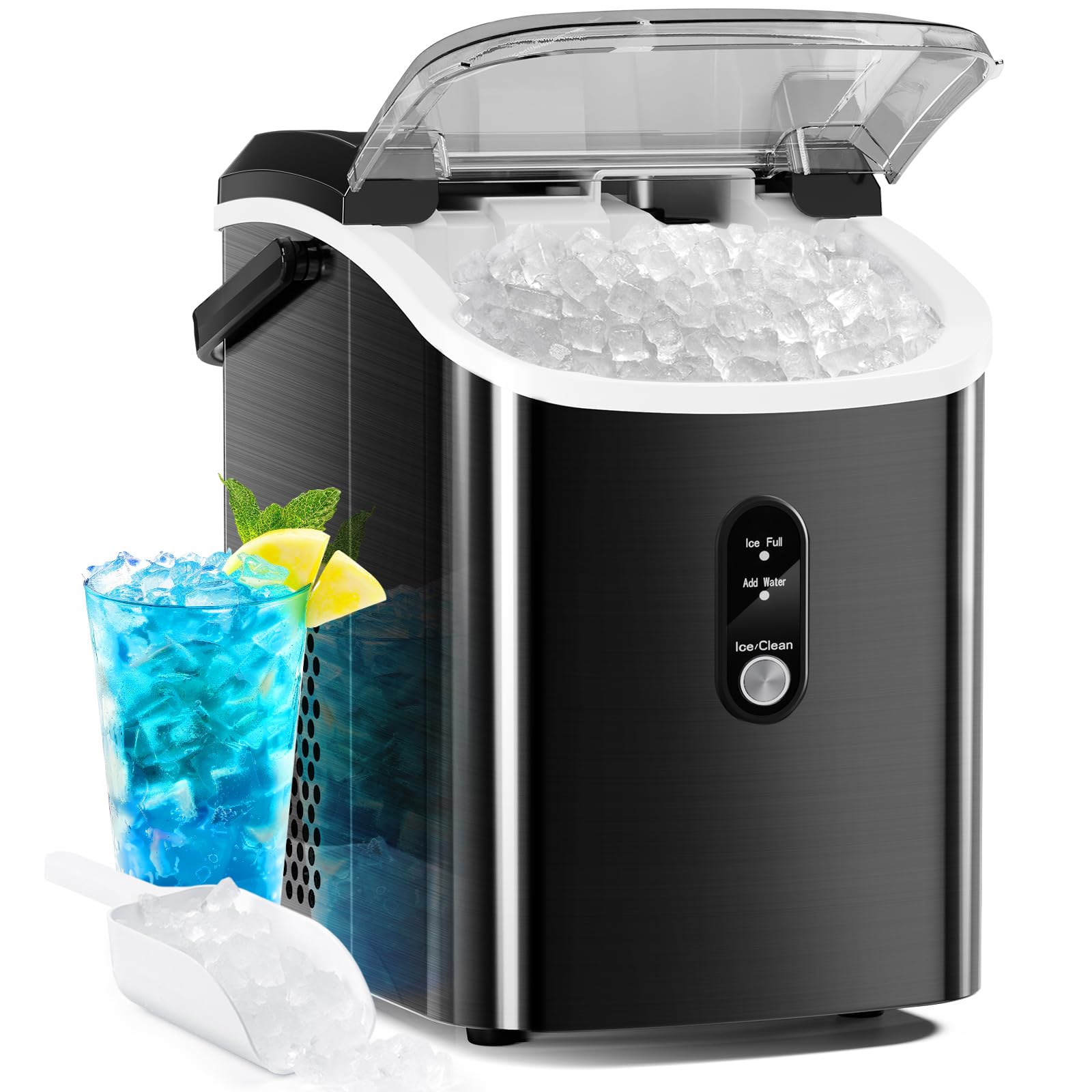 Antarctic Star Portable Countertop Ice Maker with Soft Chewable Pellet Ice - 34Lbs/24H Output, Self-Cleaning Pebble Ice Machine, One-Touch Operation for Kitchen, Bar, Office, and RV - Stainless Steel Black Design