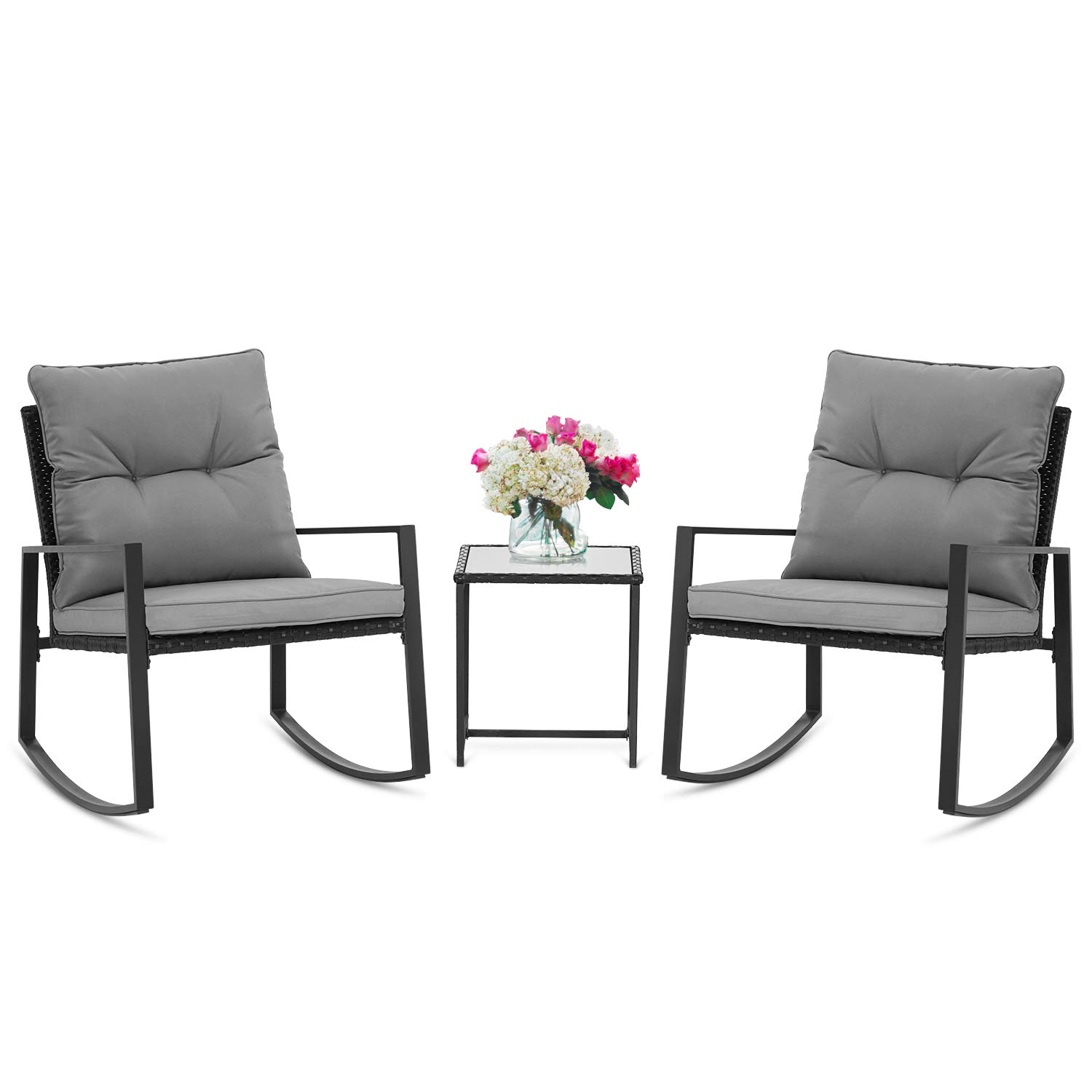 SUNCROWN 3-Piece Outdoor Rocking Bistro Set - Black Wicker Patio Furniture with Glass Coffee Table, Dark Grey - Perfect for Porch, Garden, and Backyard Relaxation