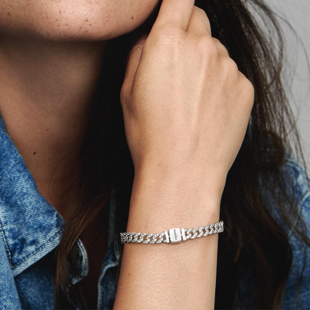 PANDORA Timeless Pavé Cuban Chain Bracelet for Women - Sterling Silver & Cubic Zirconia Jewelry - Elegant Gift Box Included - Perfect for Anniversaries, Birthdays & Special Occasions