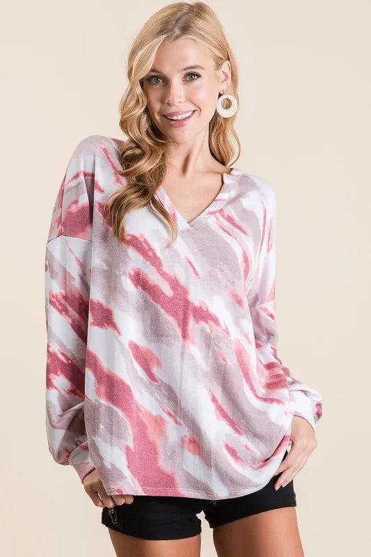 Bibi Tie Dye French Terry Top With Balloon Sleeves - Mauve Multi Color Women's Casual Shirt | Perfect for Beach Outfits, Music Festivals & Boho Fashion