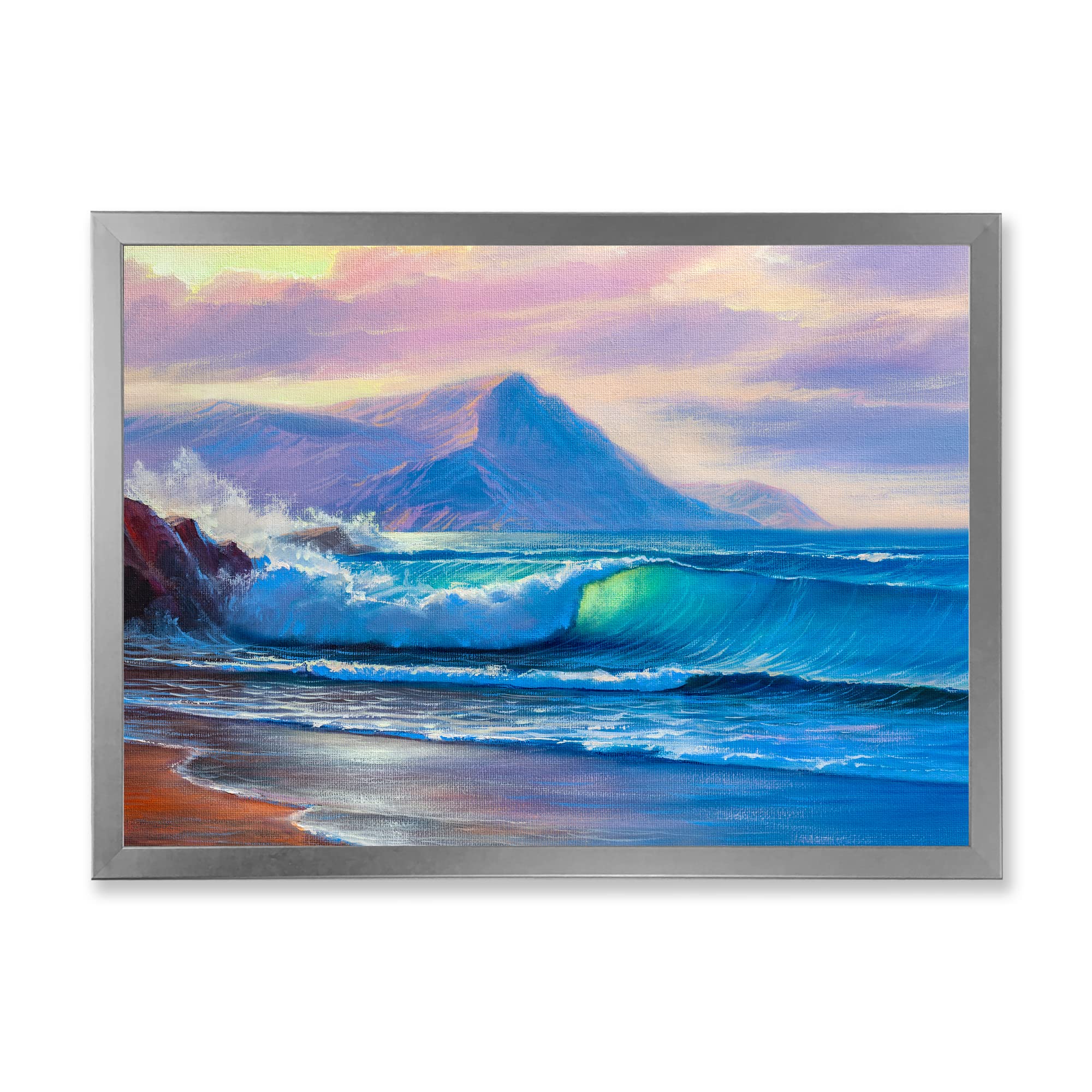 Blue Waves Breaking At The Beach - Nautical Coastal Framed Wall Art Decor for Living Room, Bedroom & Office | Ocean Themed Home Decor