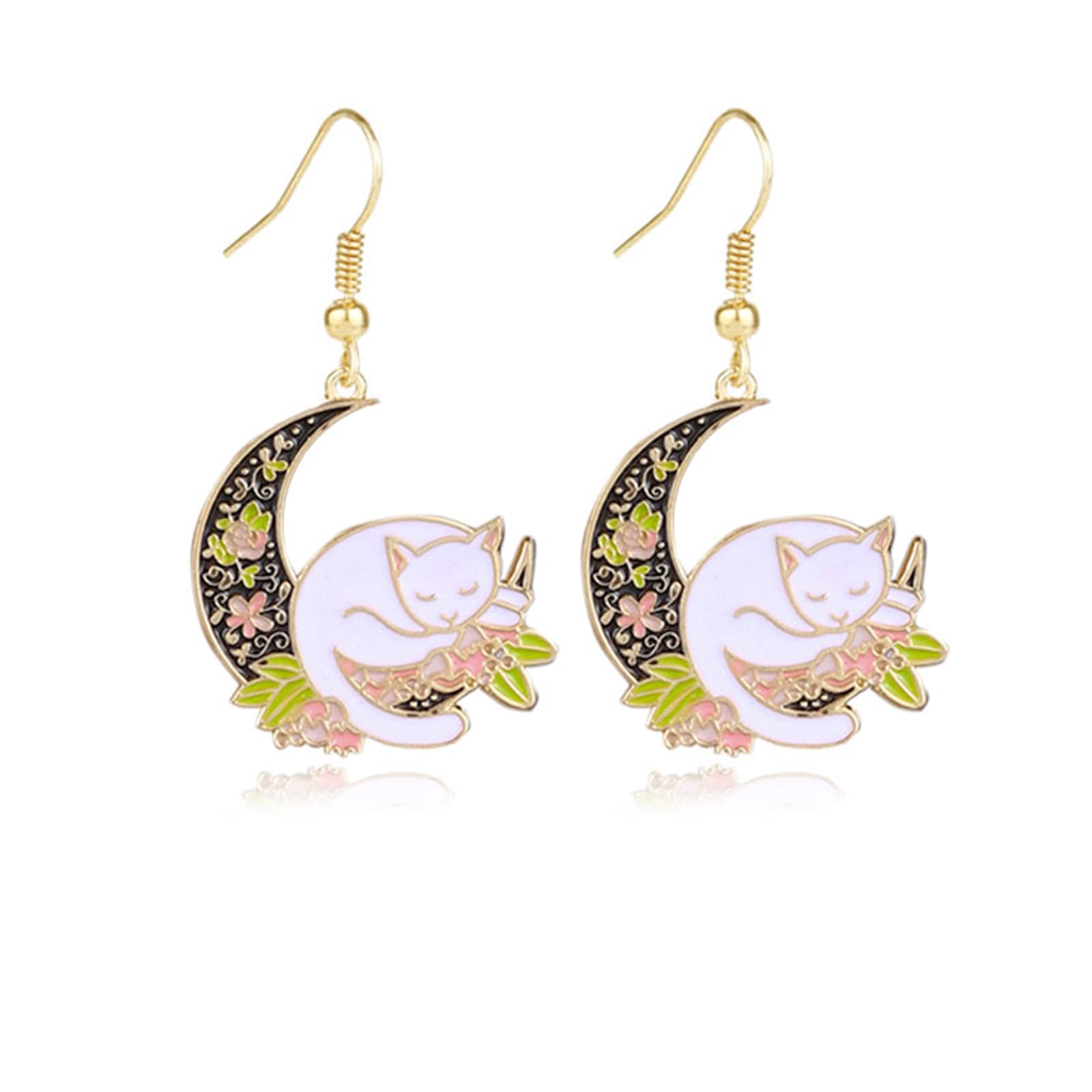 ONLYJUMP Cute Moon Cat Dangle Drop Earrings for Women - Lovely Cartoon Animal Kitten Earrings - Fashion Statement Jewelry Gift for Girls, Teens - Perfect for Christmas, Birthday & Everyday Wear