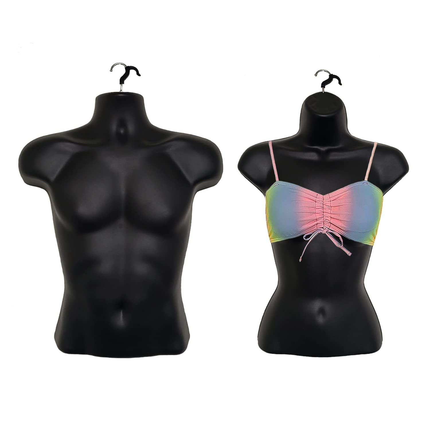 Black Male & Female Mannequin Torso Set with Clothes Clips, Metal Stand & Hanging Hooks - Hollow Back Design for S-M Sizes (Set of 2) - Perfect for Retail Stores, Boutiques, and Fashion Displays