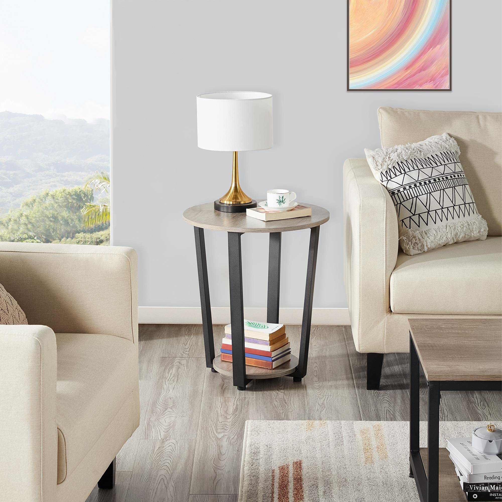 Yaheetech Farmhouse Round End Table with Storage Shelf - 2 Tier Sofa Side Table with Sturdy Metal Frame & Wood Top for Living Room, Bedroom, Small Spaces - Easy Assembly, Gray - Perfect for Coffee, Books, and Decor