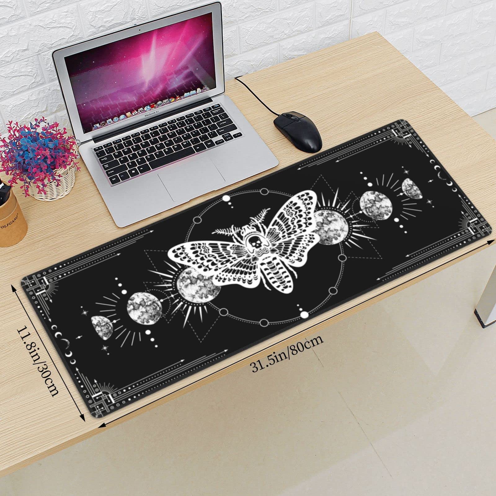 Moon Moth Pattern Gaming Mouse Pad - Extra Large 31.5x11.8 Inch Non-Slip Surface with Stitched Edges - Perfect for PC, Laptop & Office Workstations