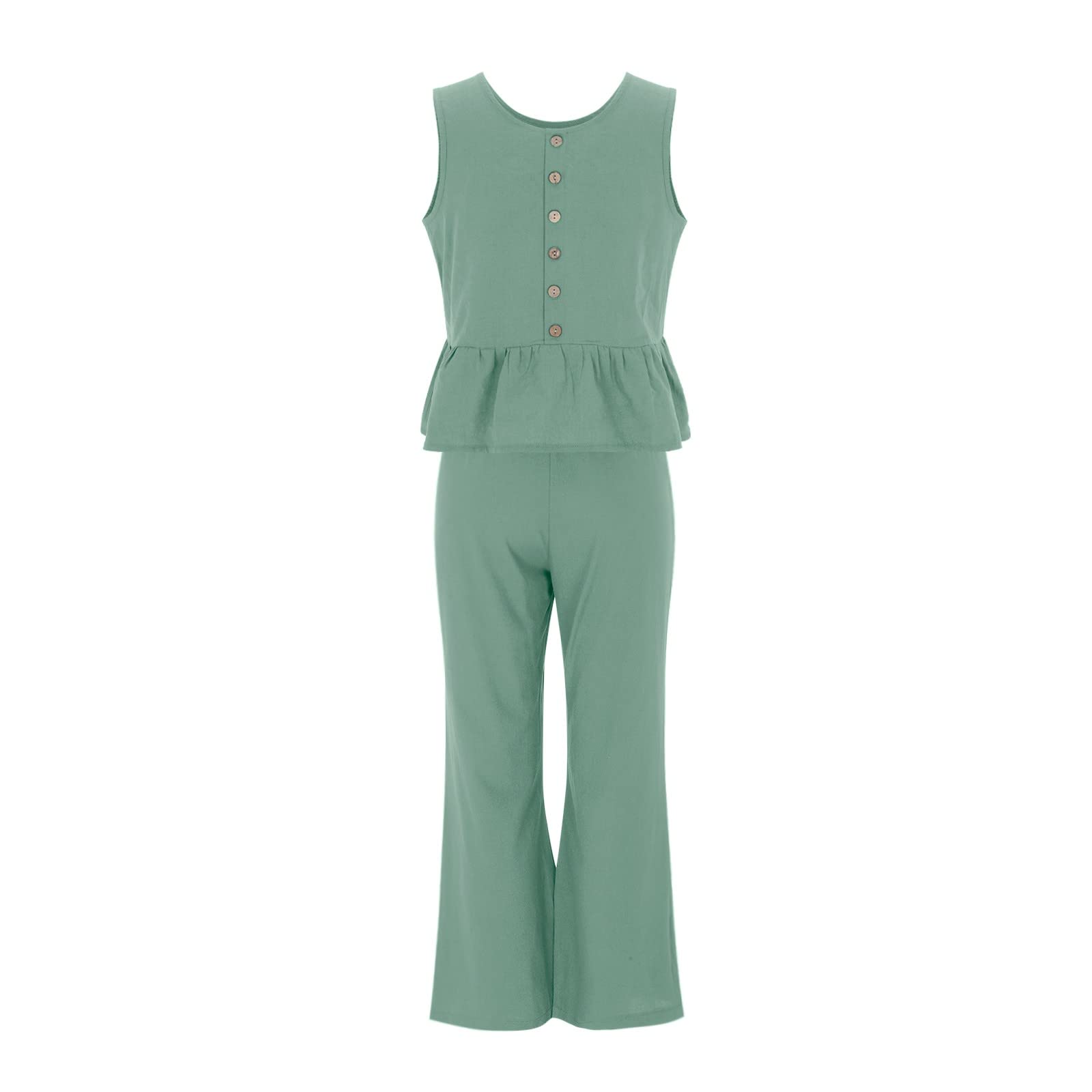 Women's 2 Piece Outfit Set - Summer Cotton Linen Sleeveless Blouse & Shorts Casual Floral Print Tracksuit | Clubwear, Lounge Wear, Beach Outfit in Mint Green