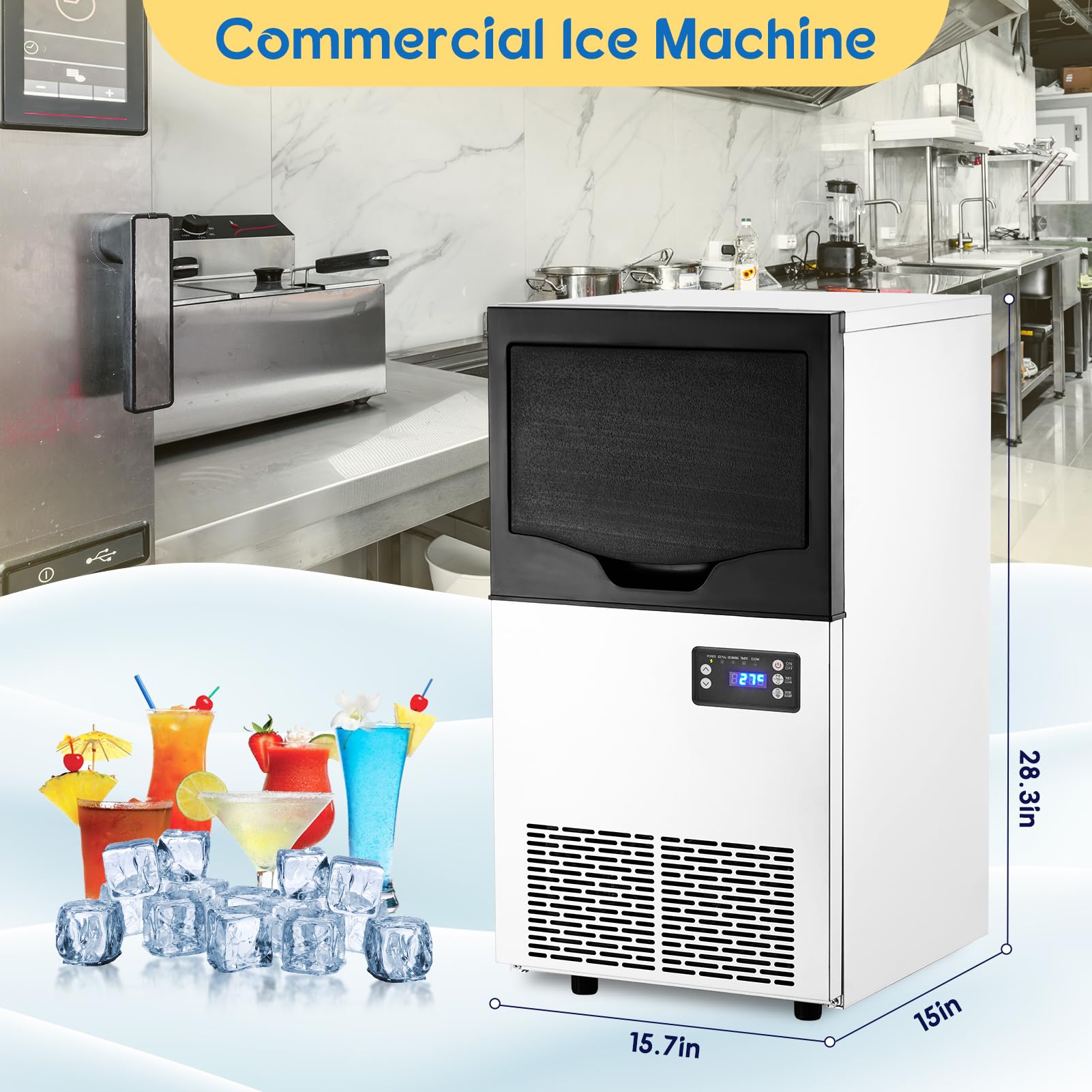 Zstar Commercial Ice Maker Machine - 33LBS Under Counter Ice Maker with LCD Display & Self-Cleaning, Stainless Steel Freestanding Ice Machine for Restaurants, Bars, Home Kitchen, and Outdoor Events