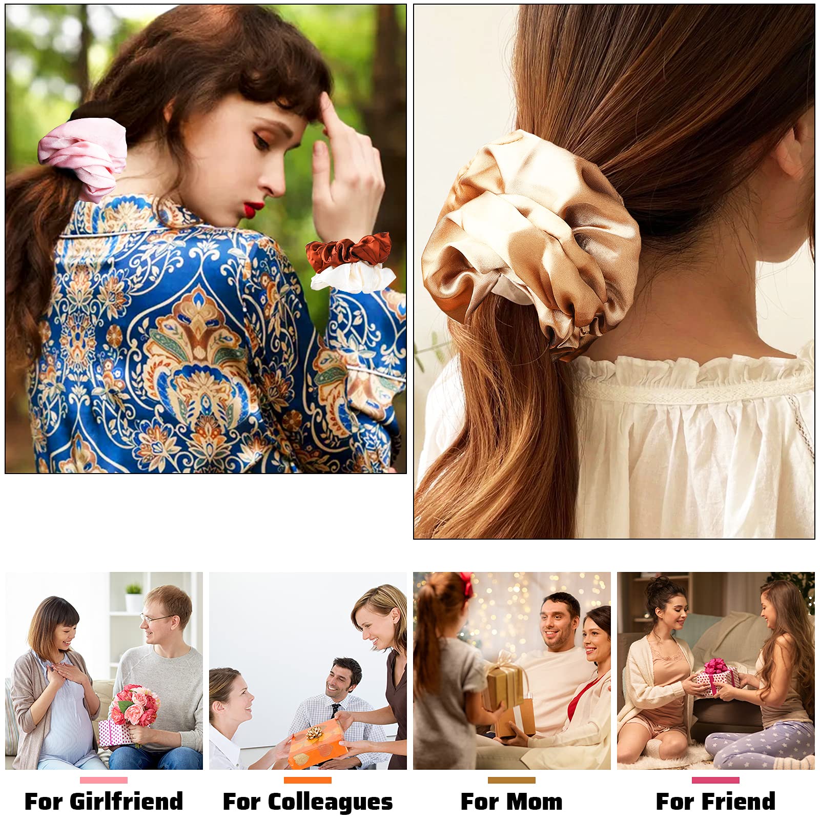 4pcs Silk Satin Hair Scrunchies for Women - Soft Oversized Hair Ties, Elastic Ponytail Holders, Hair Accessories in Light Brown, Coffee, Dark Brown & Off-White | Perfect for Work, Gym, Travel & Everyday Styling