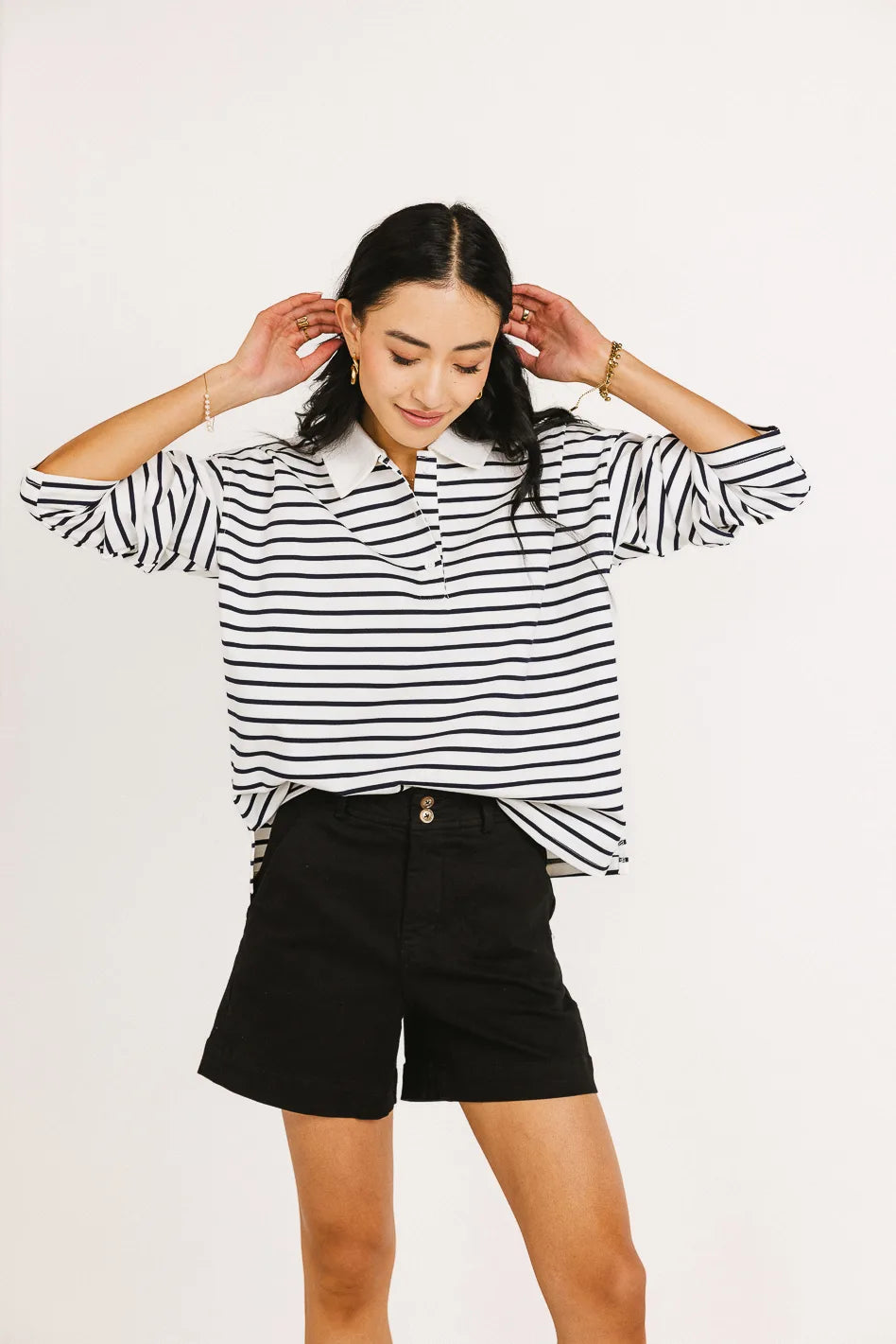 Layla Women's Striped Collared T-Shirt - Casual Short Sleeve Blouse for Work, Office, and Everyday Wear