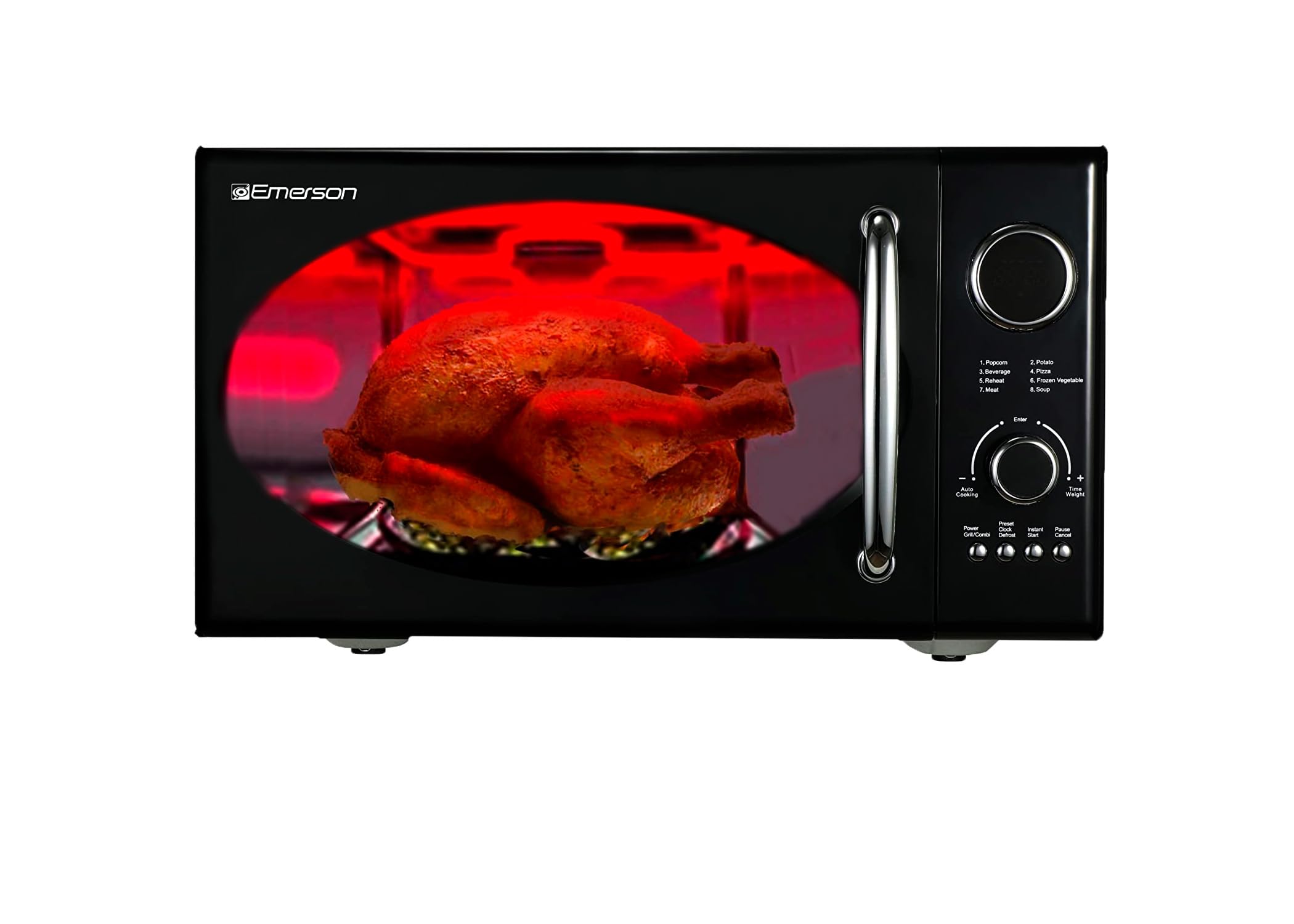 Emerson MWRG0901BK 0.9 Cu. Ft. Retro Black Microwave Oven with Grill - 800W Microwave & 1000W Grill, LED Display, 5 Power Levels, 8 Auto Menus, Glass Turntable & Child Lock - Perfect for Small Kitchens, Dorms & Office Break Rooms
