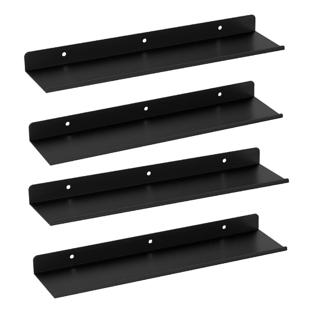 Metal Floating Shelves Set of 4 - Matte Black Wall Mounted Industrial Shelving for Home Decor, Photos & Display - Perfect for Living Room, Bedroom & Office Organization