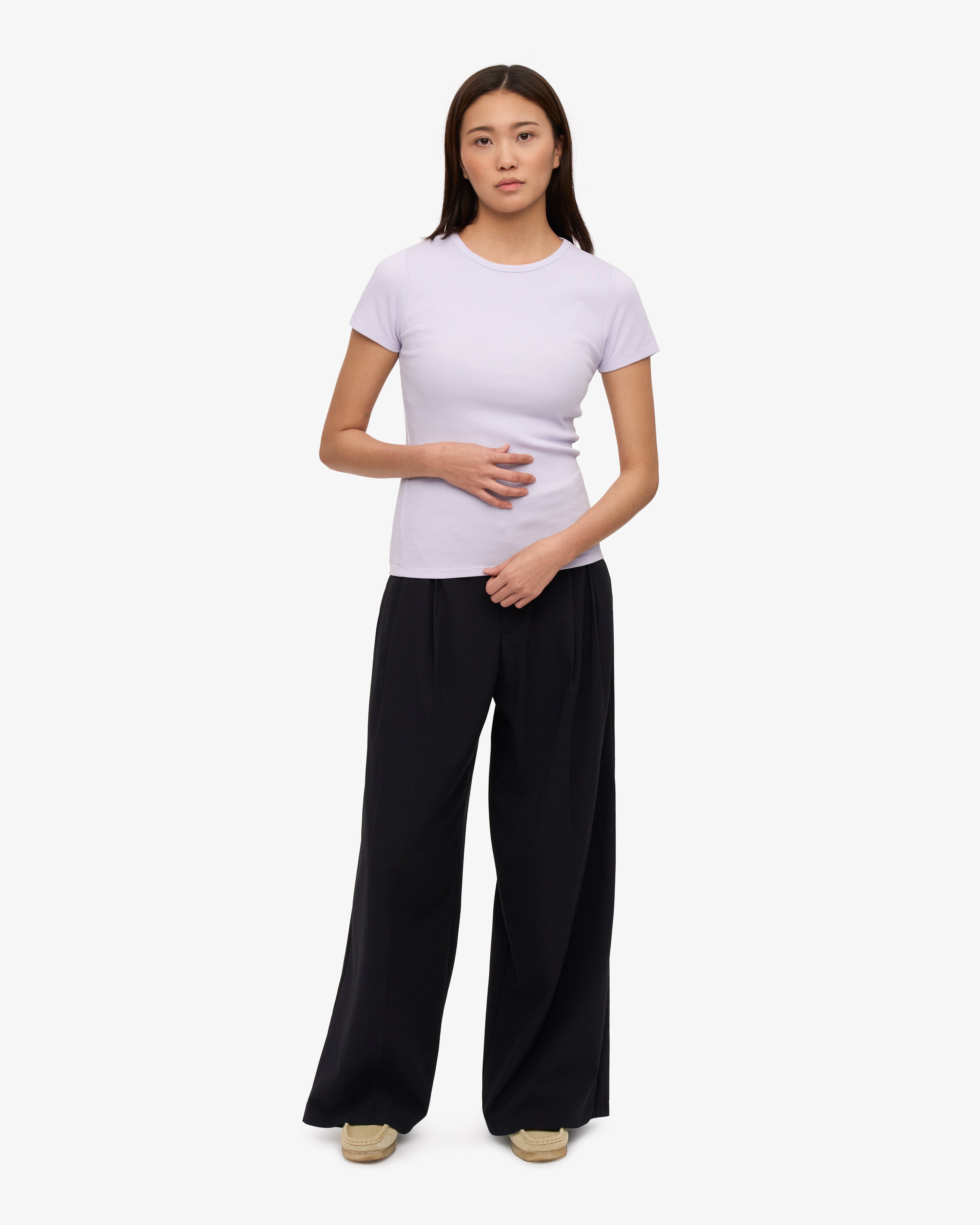 Organic Cotton Ribbed T-Shirt for Women - Soft Lavender Color - Perfect for Casual Wear, Yoga & Everyday Comfort