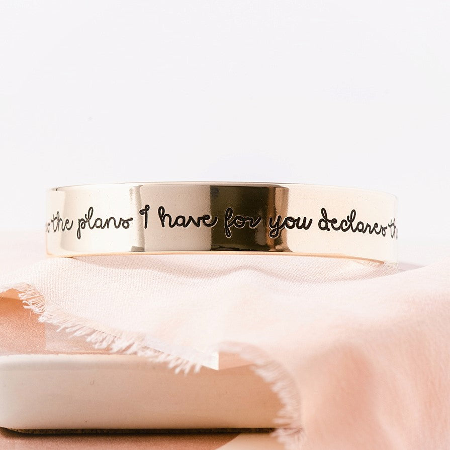 Jeremiah 29:11 Engraved Gold Brass Cuff Bracelet - 1/2 Inch Width - Inspirational Christian Jewelry for Women, Gift for Baptism, Confirmation & Daily Faith Wear