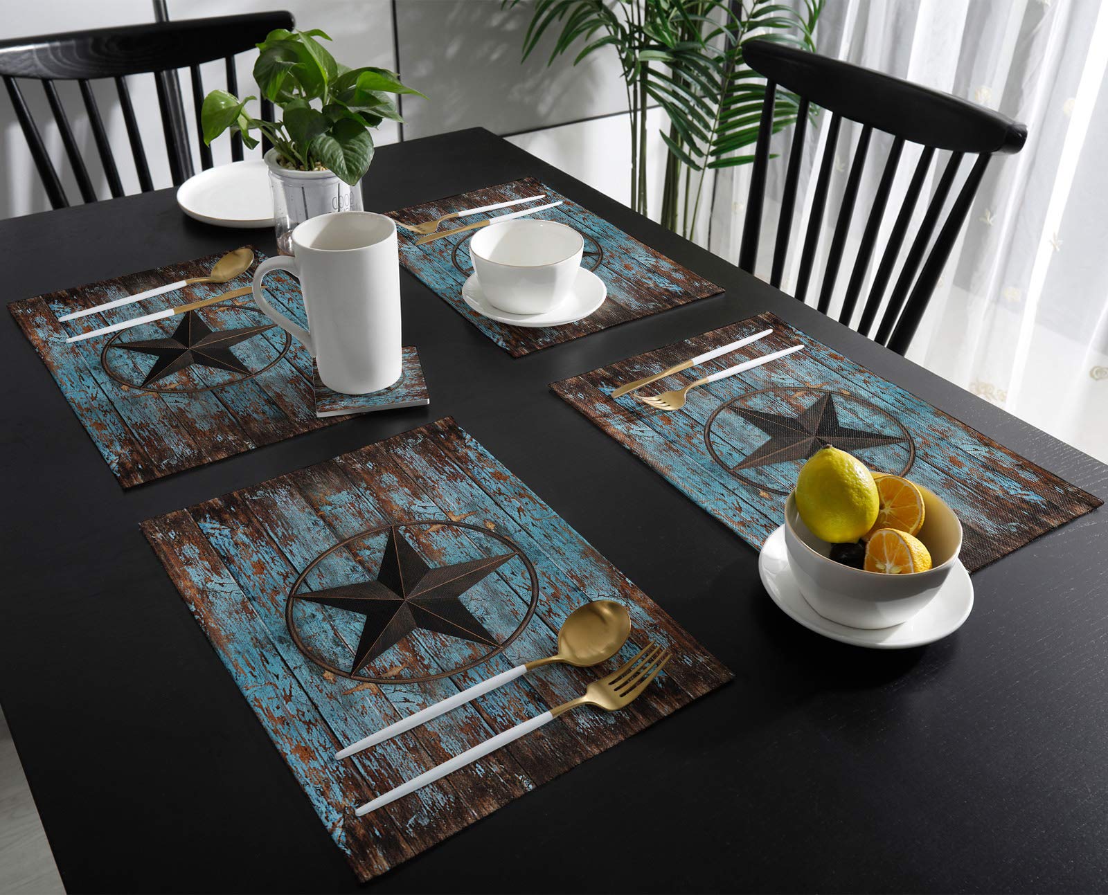 Texas Star Flag Round Table Placemats Set of 6 - Washable Non-Slip Heat Resistant Kitchen Dining Mats - Rustic Wooden Design for Home, Restaurants & Gifts - Perfect for Family Meals, Parties & Holiday Decor