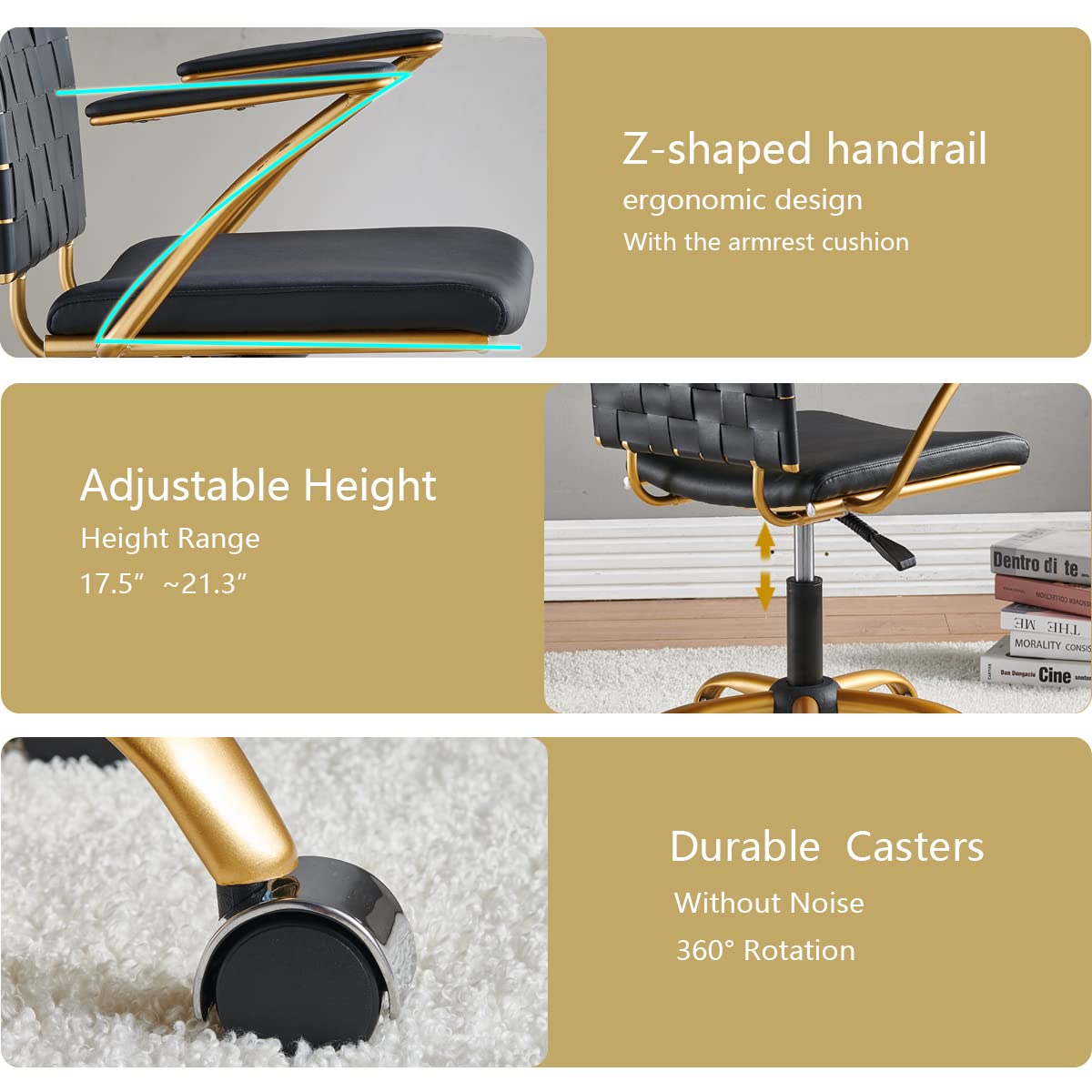 Premium Modern Leather Office Chair - Gold & Black Mid Back Swivel Task Chair with Wheels & Arms - Ergonomic Computer Desk Chair for Home & Conference Room - Comfortable for Long Work Hours (Black)