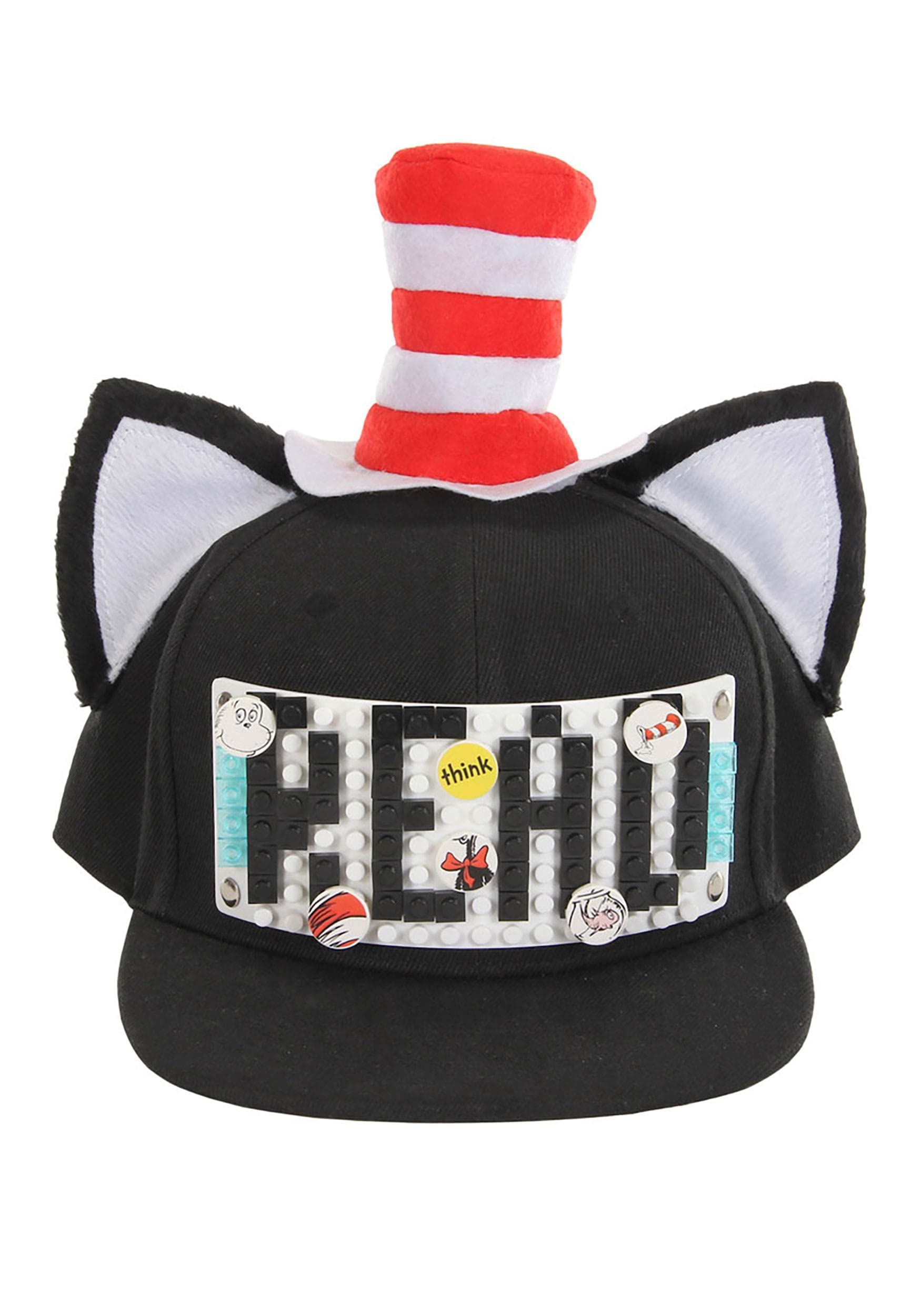 Dr. Seuss Cat in The Hat Snapback Hat - Fun Costume Building Blocks Cap in Standard Black | Perfect for Halloween, Cosplay & Themed Parties