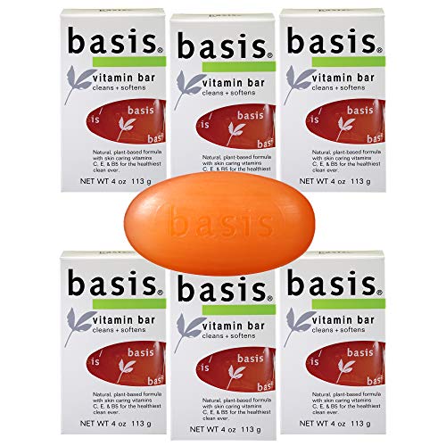 Basis Vitamin Bar Soap with Vitamin C, E & B5 - Moisturizing & Gentle Cleansing for Soft Skin - Ideal for Body Wash, Hand Soap & Facial Cleanser - Pack of 6 Bars - Perfect for Daily Skincare Routine, Travel & Gym Use