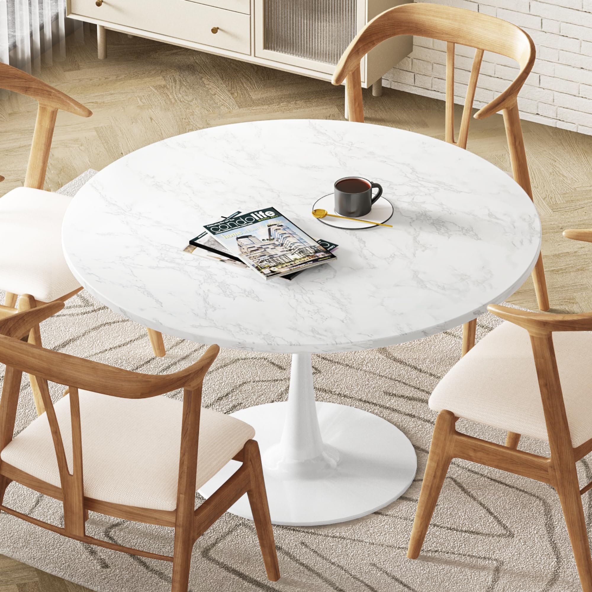 White Marble Round Dining Table 31.5 Inch - Mid-Century Tulip Style Kitchen Table for 2-4 People with MDF Top & Pedestal Base - Perfect for Dining Room, Office, Living Room as Coffee or End Table