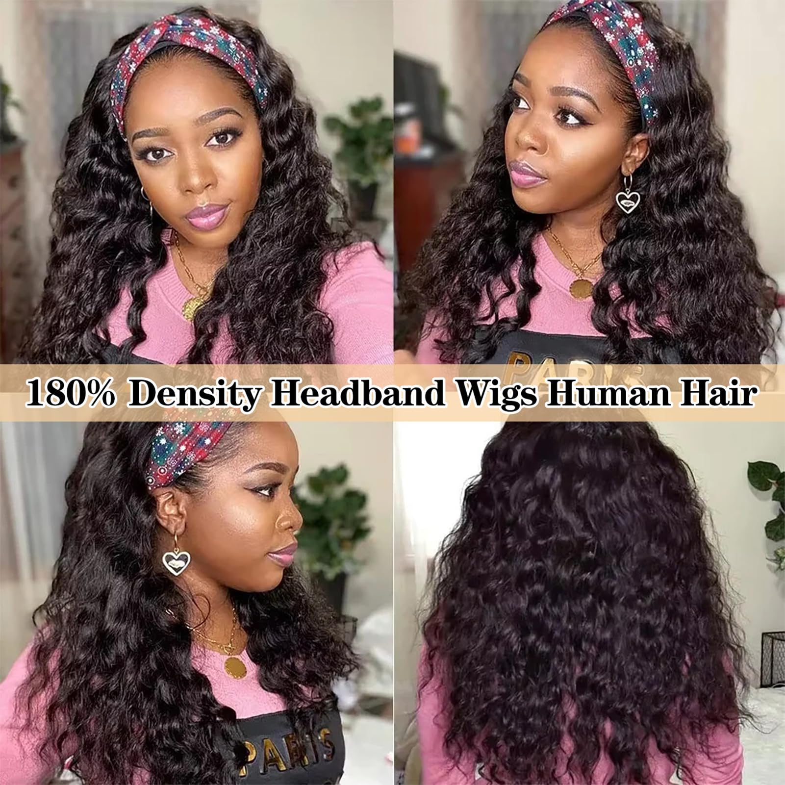 180% Density Brazilian Virgin Human Hair Deep Wave Headband Wig for Black Women - Glueless Machine Made None Lace Front Wig with Deep Curly Headband (28 Inch) | Perfect for Daily Wear, Parties & Special Occasions