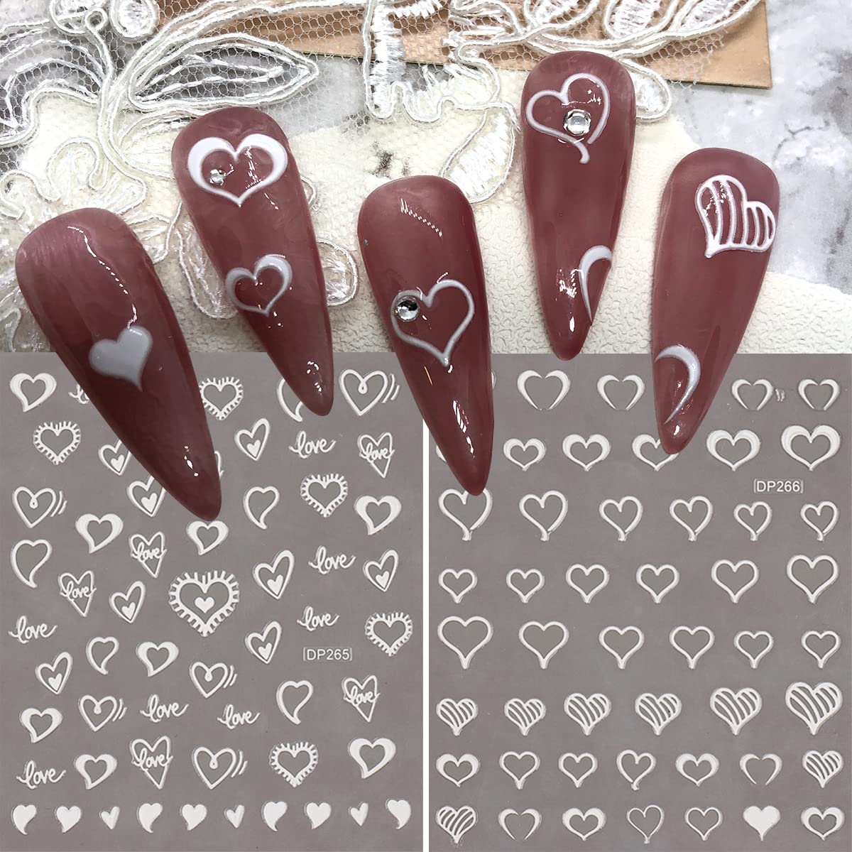 3D Valentine's Day Nail Stickers - White Heart, Love Butterfly & Cherry Blossom Nail Art Decals for Women | Solid & Hollow Heart Designs | Manicure Decor Sheets | Perfect for Romantic Dates, Weddings & Special Occasions (White)