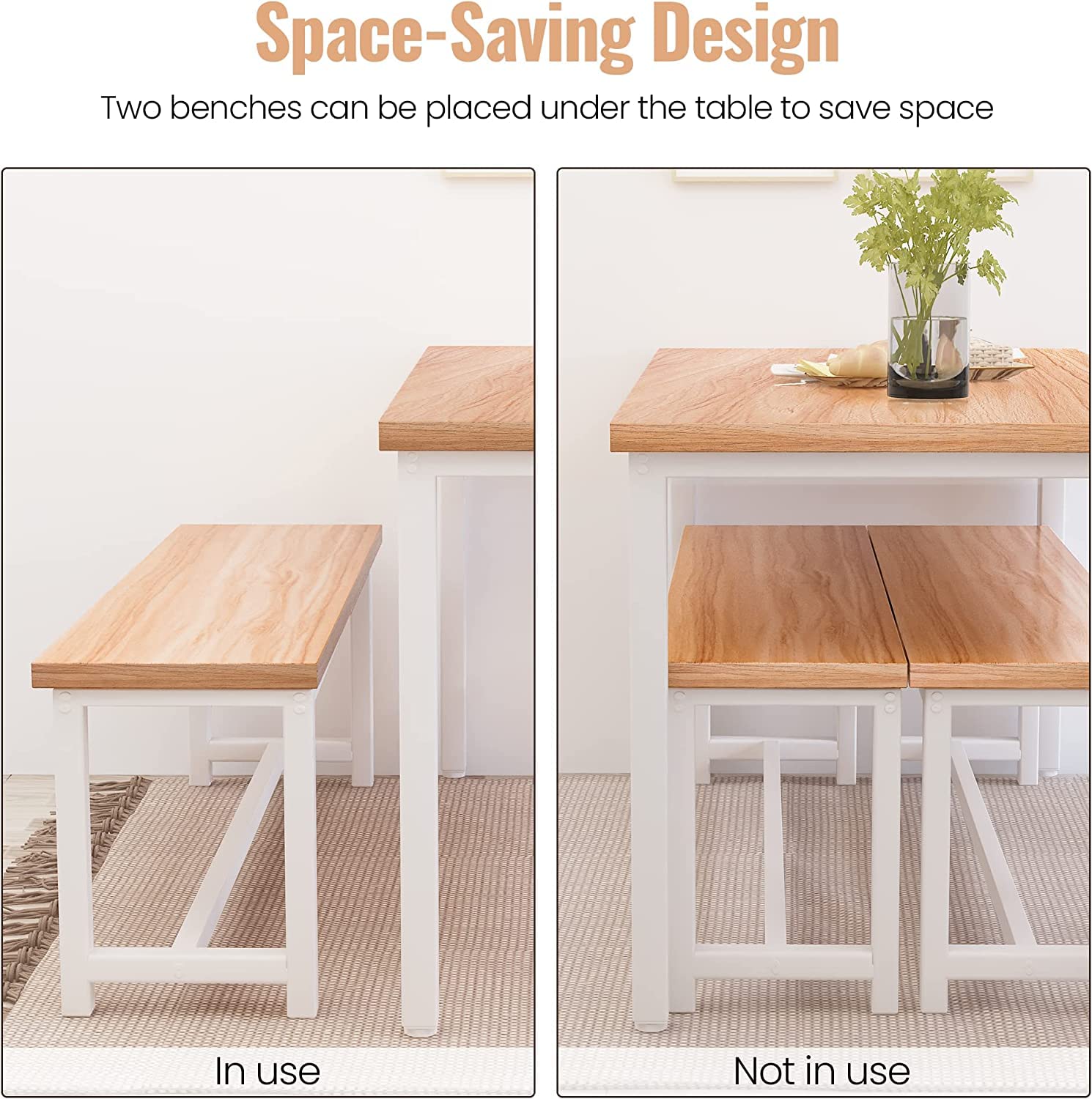 Farmhouse Dining Table Set with 2 Benches - Solid Wood Kitchen Table and Chairs for 4-6 People, Beige Breakfast Nook Set for Small Spaces | Perfect for Family Meals, Entertaining Guests & Cozy Kitchen Dining