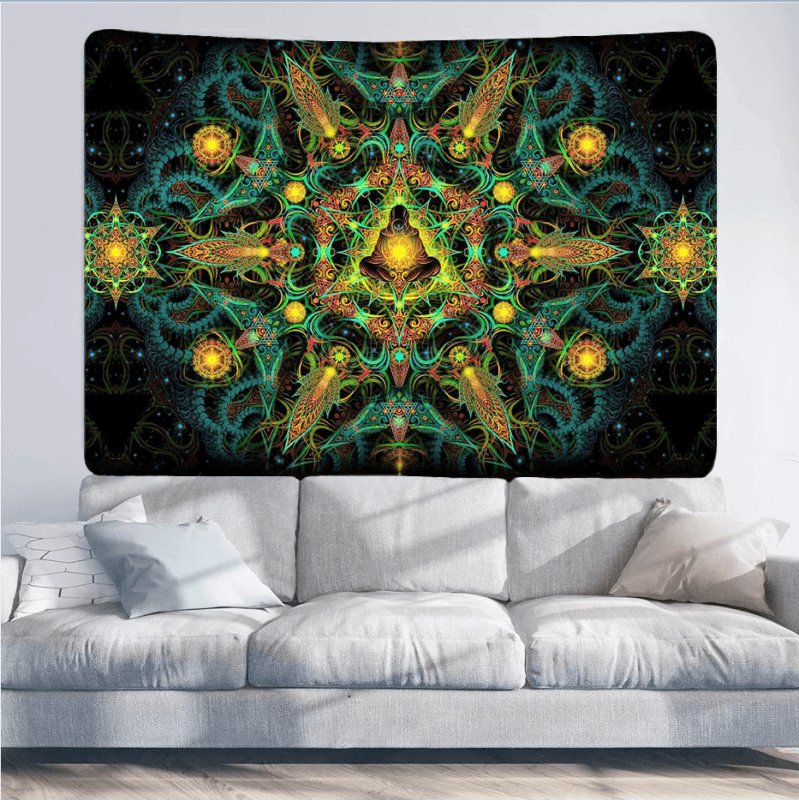 Yellow Mandala Glow in the Dark Tapestry - UV Reactive Wall Art Decor for Bedroom, Yoga Studio & Meditation Space