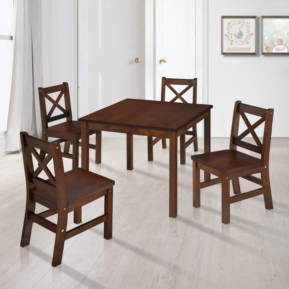 Premium Solid Hardwood Kids Table and Chair Set - 5 Piece Coffee-Colored Children's Furniture for Playroom, Classroom, or Home Learning Activities