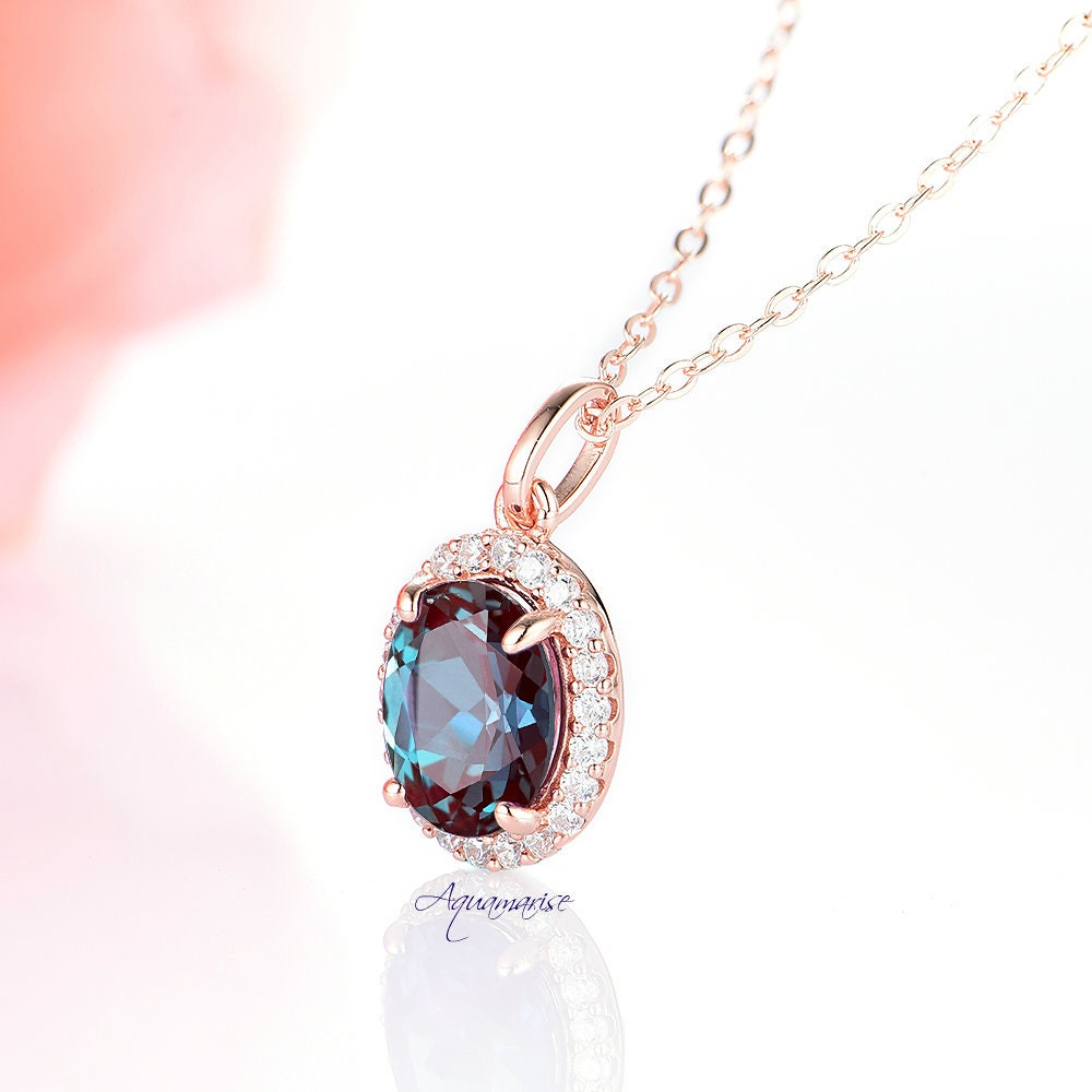 14K Solid Rose Gold Iris Halo Oval Alexandrite & Diamond Necklace for Women - Elegant Gift for Anniversary, Birthday & Special Occasions