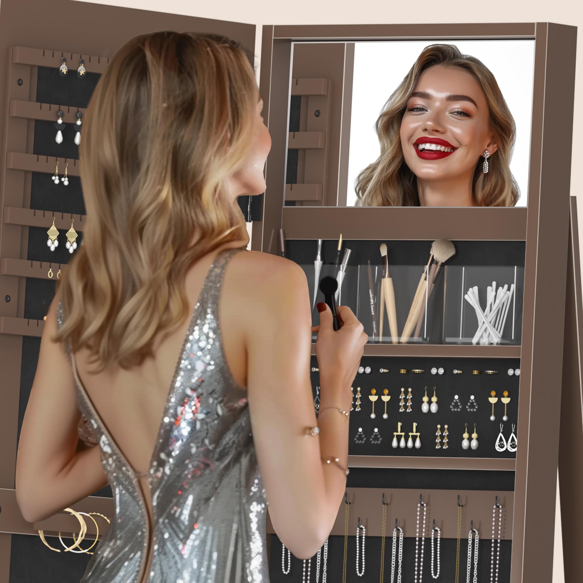 DlandHome Lockable Jewelry Cabinet with Full-Length Mirror - Jewelry Organizer with Storage Shelves & Built-in Small Mirror - Jewelry Armoire for Bedroom, Closet & Dressing Room (Model QH-7021C-BW)
