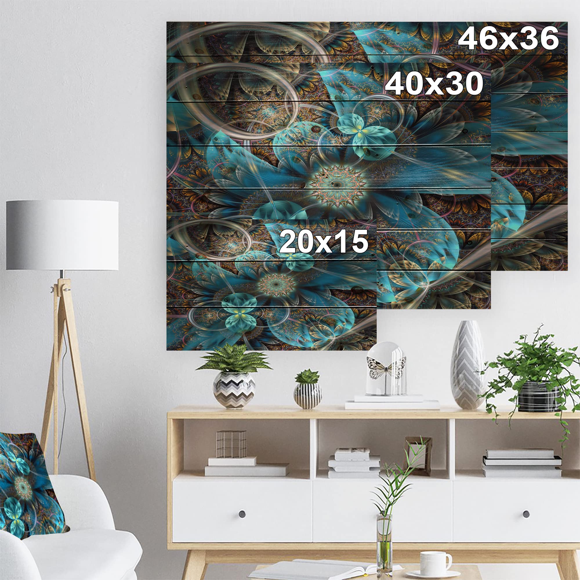 Fractal Blue Flowers Modern Wood Wall Art - Large Floral Wood Panel Decor Printed on Natural Pine - Perfect for Living Room, Bedroom & Office Wall Decoration
