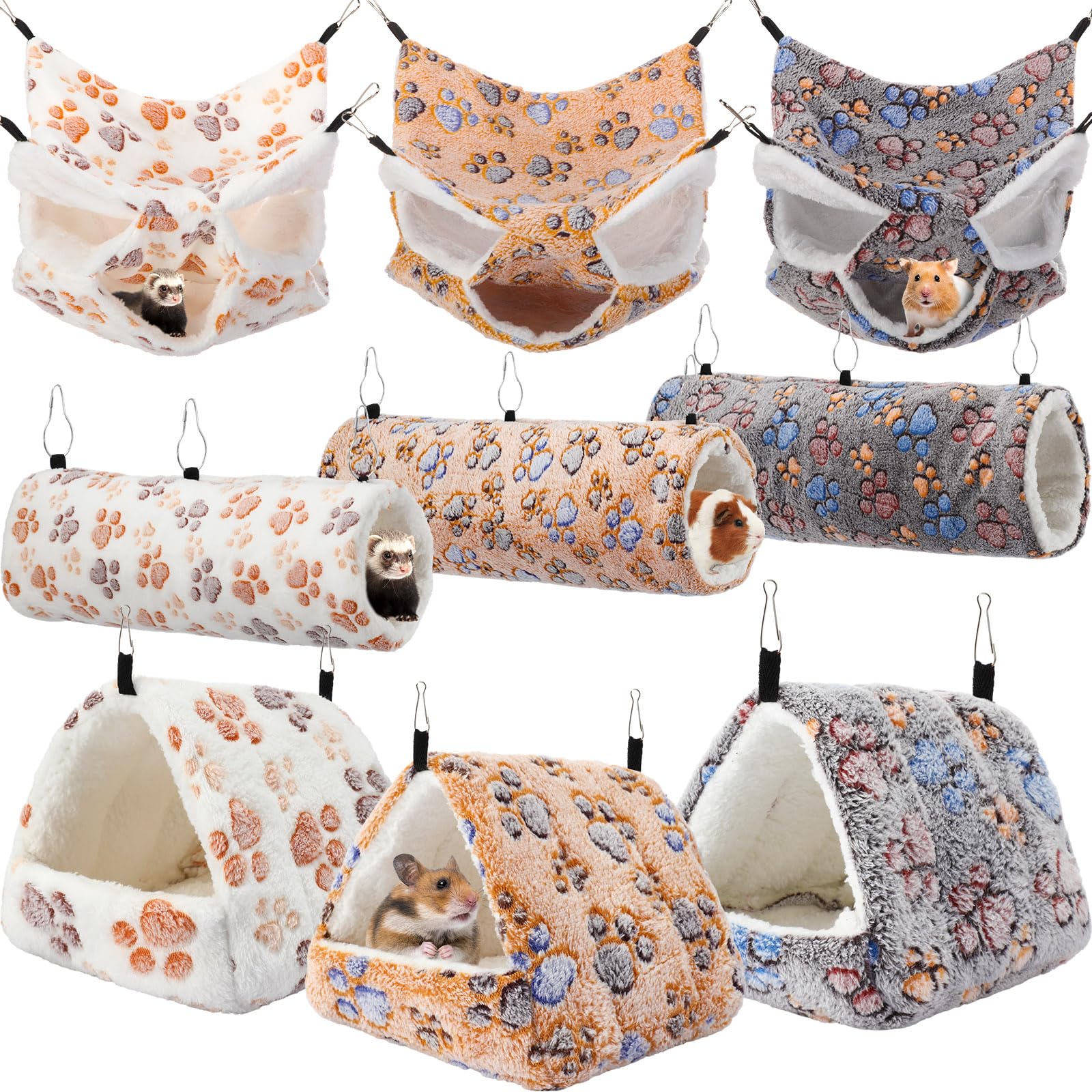 Abbylike 9-Piece Small Pet Hammock Set - Guinea Pig & Ferret Hanging Bed, Hideout Tunnel & Cage Accessories for Hamsters, Chinchillas (Light Brown/White/Black/Paw Print) - Perfect for Climbing, Nesting & Playtime in Small Animal Cages