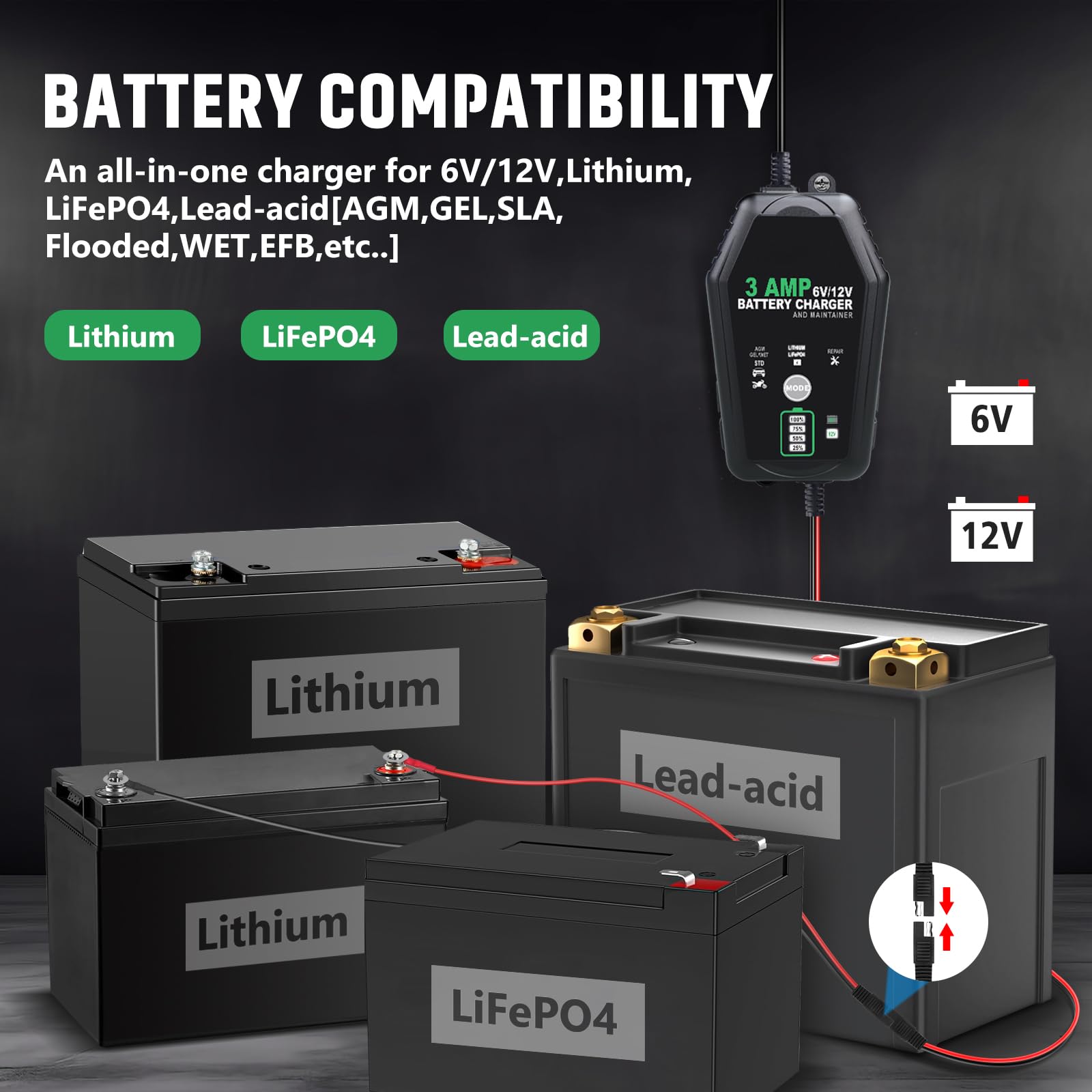 3 AMP 6V/12V Smart Car Battery Charger & Maintainer - Fully Automatic Trickle Charger for Lead-Acid, Lithium, LiFePO4 Batteries - Ideal for Cars, Motorcycles, Lawn Mowers & Seasonal Vehicle Storage